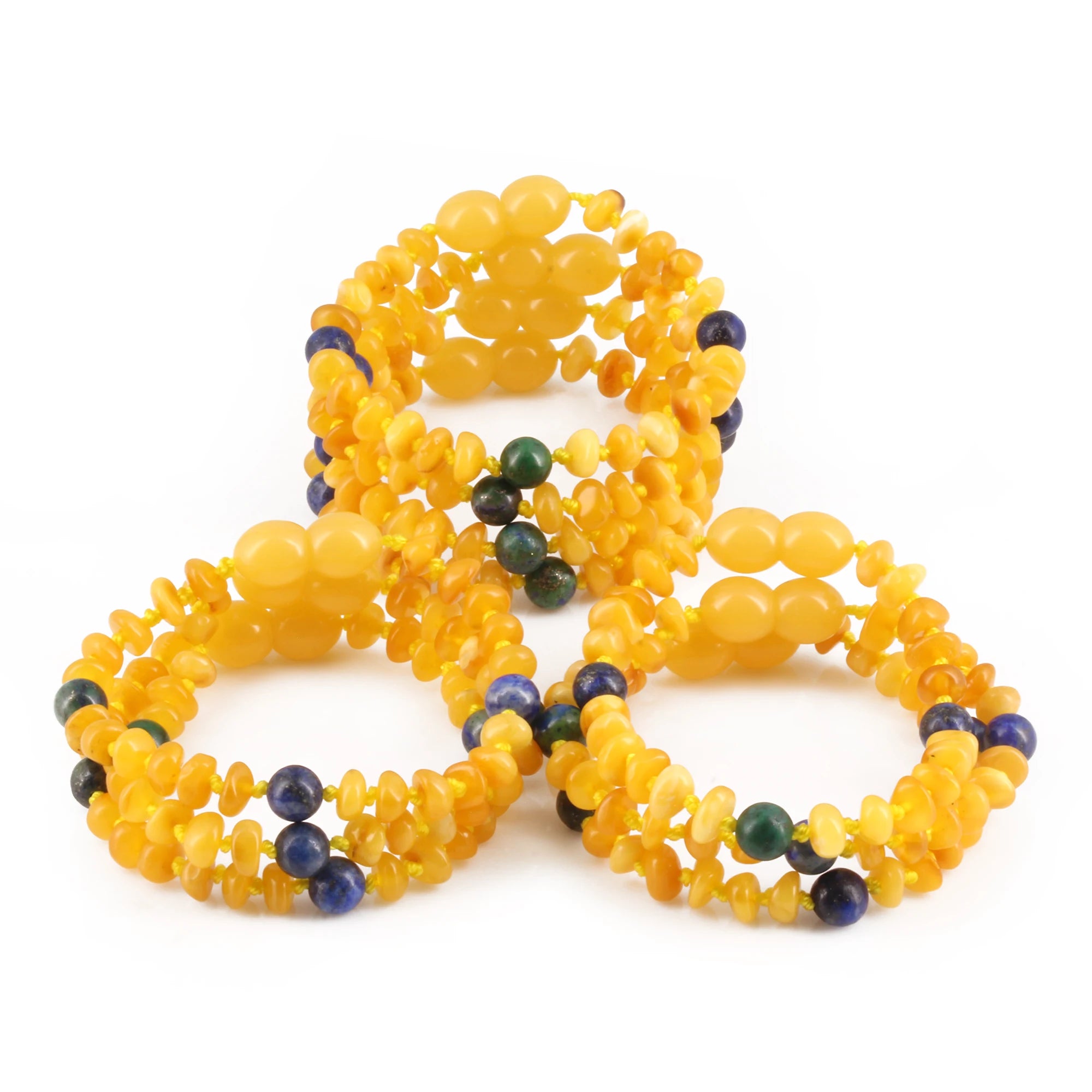 Baltic Amber, Azurite & Lapis Lazuli Baby Teething Bracelet Roundel Milky Yellow Glossy Finish - Wholesale Lot of 10pcs - 14cm / 5.5in - AGL44
