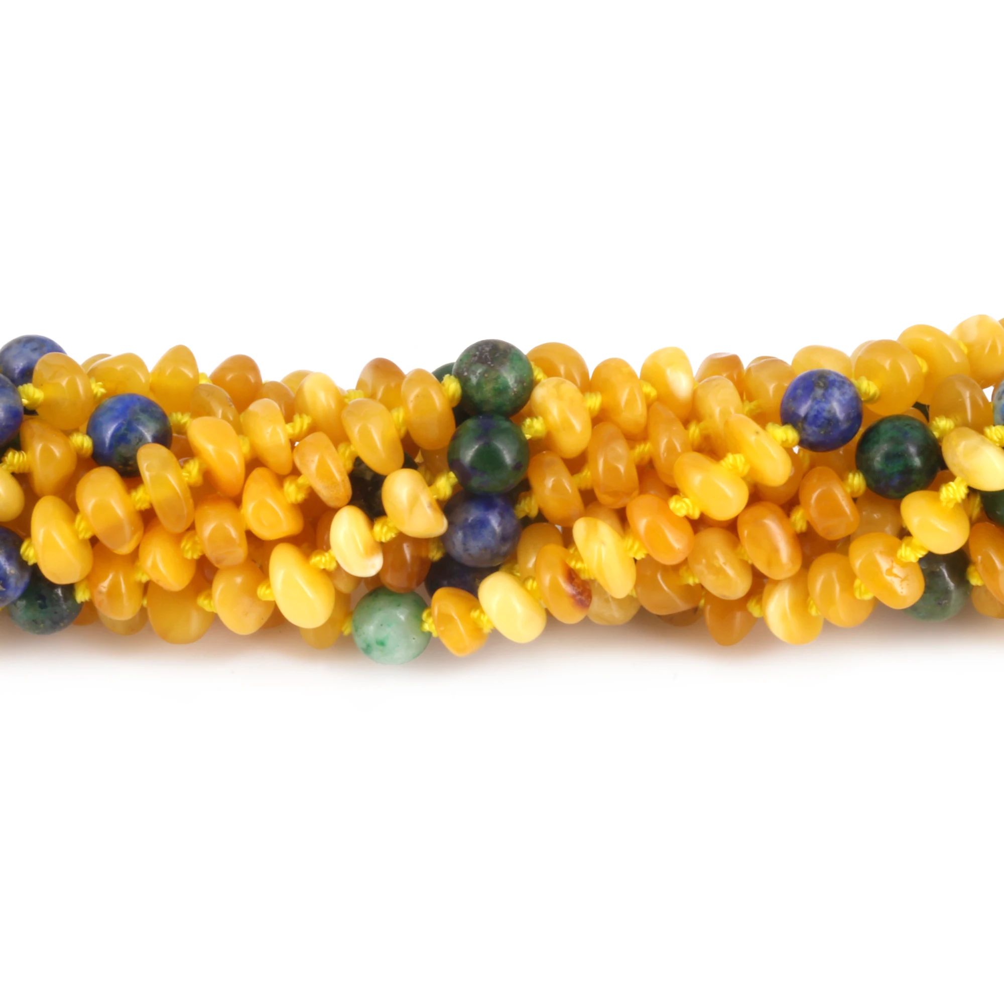 Baltic Amber, Azurite & Lapis Lazuli Baby Teething Bracelet Roundel Milky Yellow Glossy Finish - Wholesale Lot of 10pcs - 14cm / 5.5in - AGL44