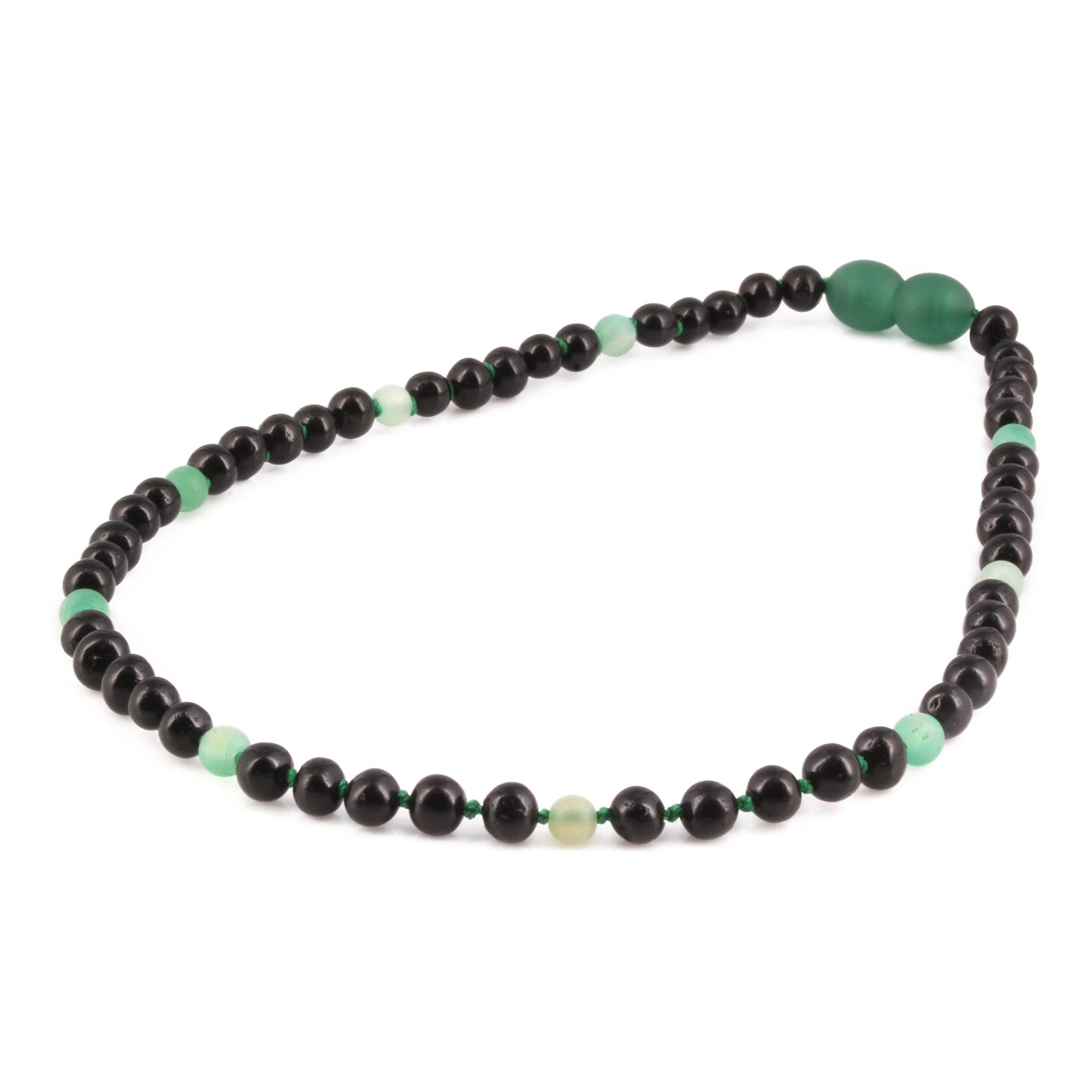 Baltic Amber & Green Agate Baby Teething Necklace Baroque Black Glossy Finish - Wholesale Lot of 10pcs - 32cm / 12.6in - LE550-S
