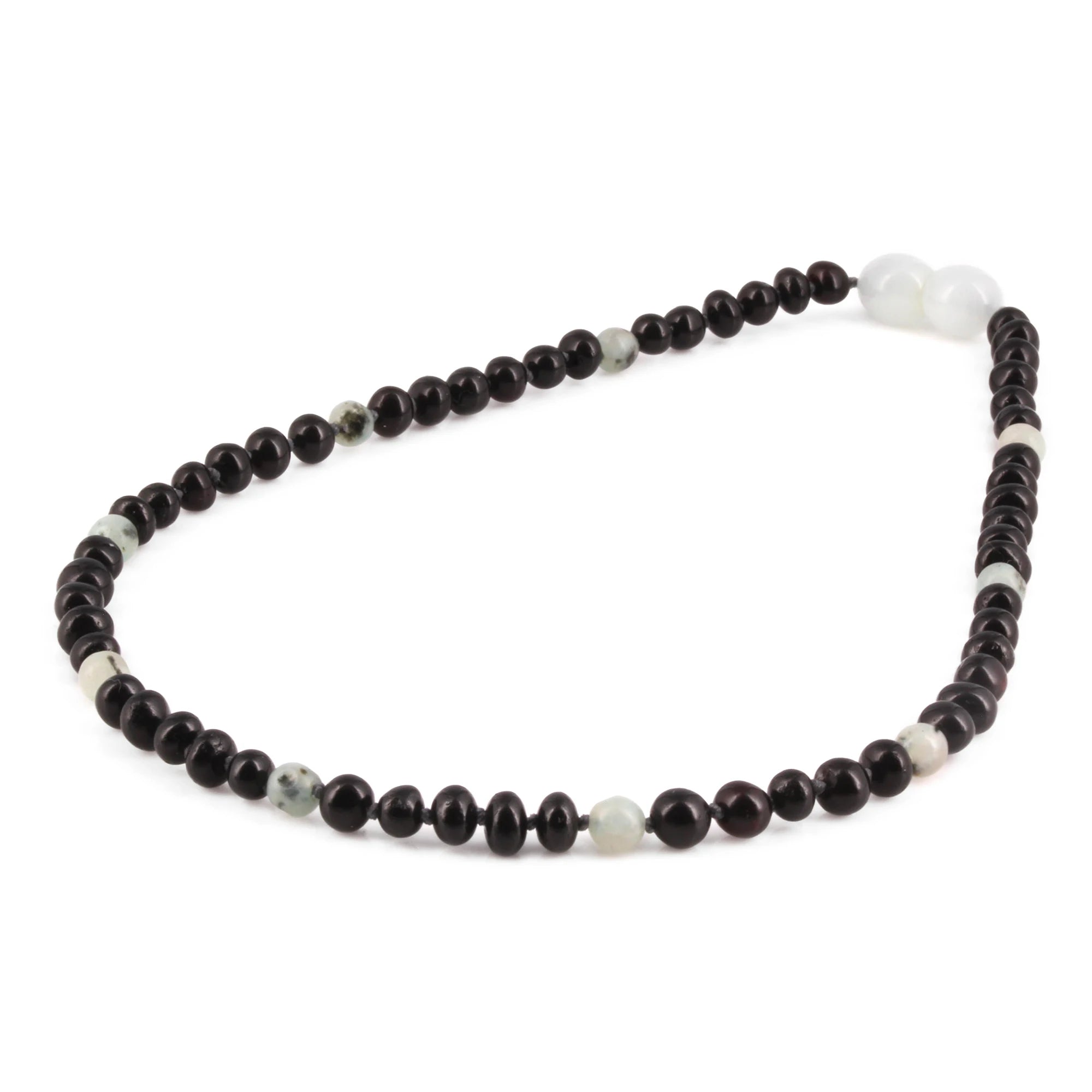 Baltic Amber & Kiwi Jasper Eye Baby Teething Necklace Baroque Black Glossy Finish - Wholesale Lot of 10pcs - 32cm / 12.6in - LE551-S