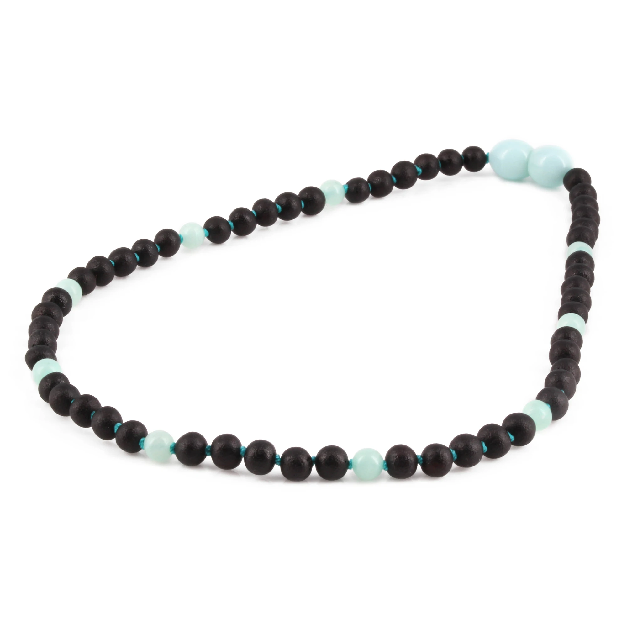 Baltic Amber & Sky Blue Jade Baby Teething Necklace Baroque Black Matte Finish - Wholesale Lot of 10pcs - 32cm / 12.6in - LE547-S