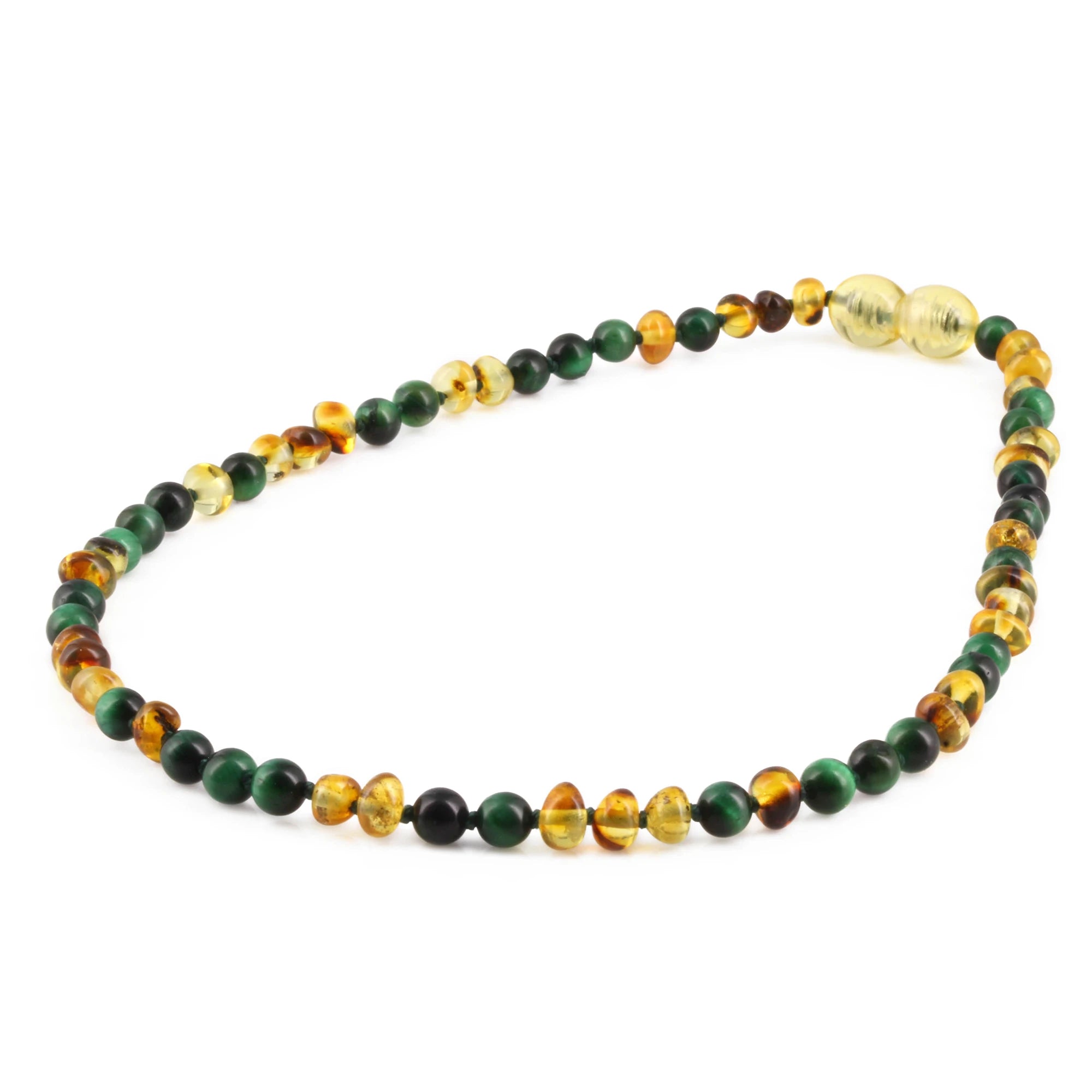 Baltic Amber & Green Tiger Eye Baby Teething Necklace Baroque Multicolor Glossy Finish - Wholesale Lot of 10pcs - 32cm / 12.6in - LE457 V2