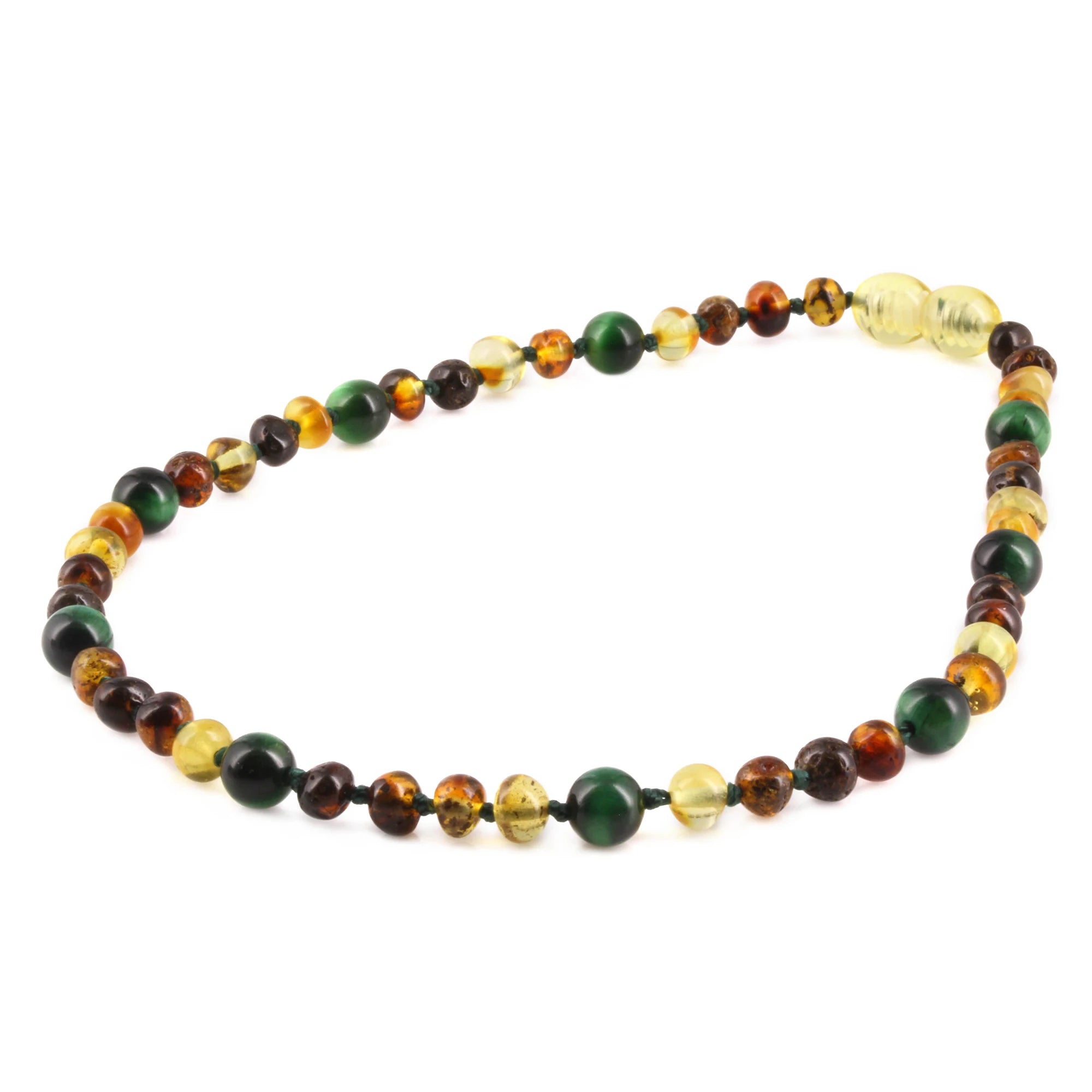 Baltic Amber & Green Tiger Eye Baby Teething Necklace Baroque Multicolor Glossy Finish - Wholesale Lot of 10pcs - 32cm / 12.6in - LE457