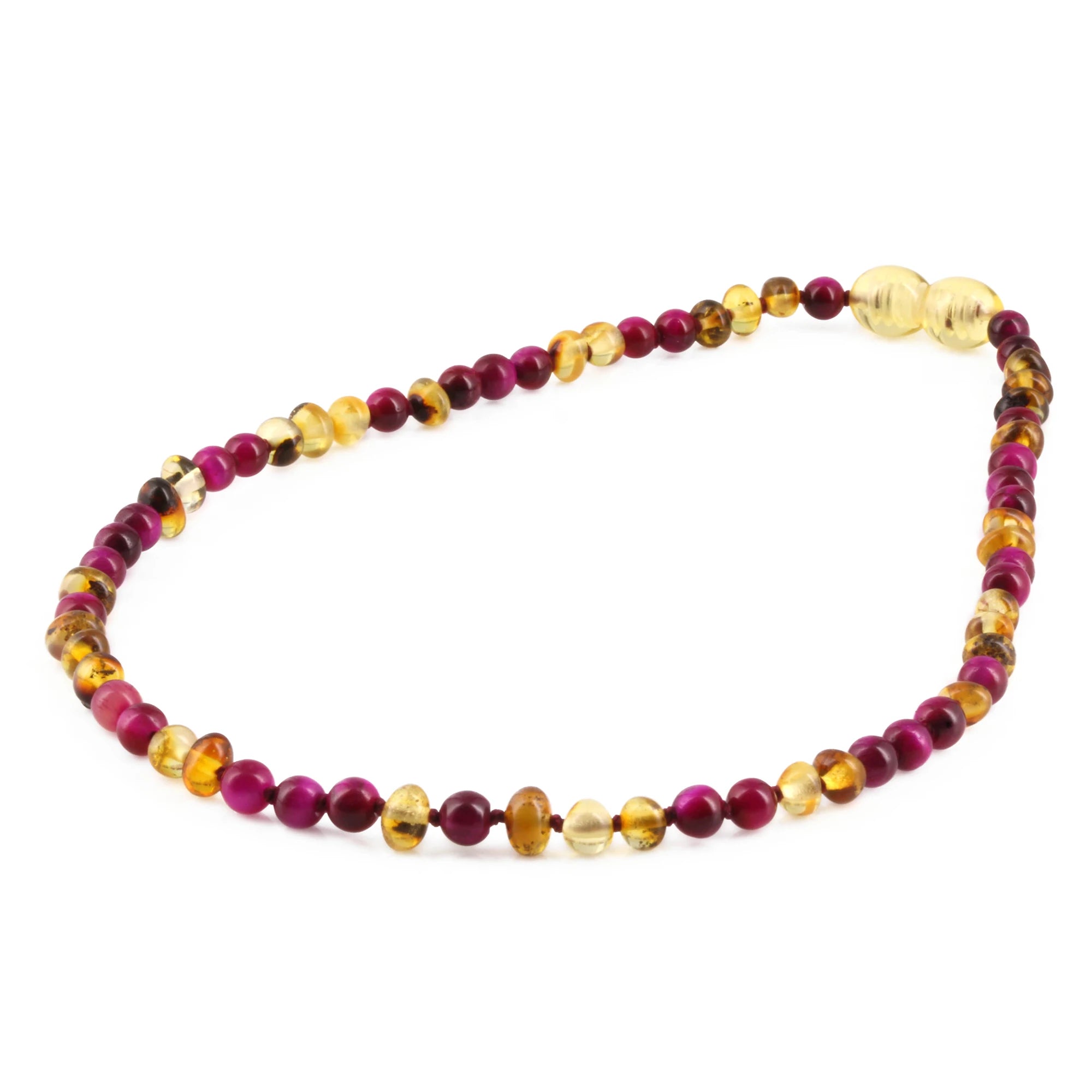 Baltic Amber & Magenta Tiger Eye Baby Teething Necklace Baroque Multicolor Glossy Finish - Wholesale Lot of 10pcs - 32cm / 12.6in - LE456 V2