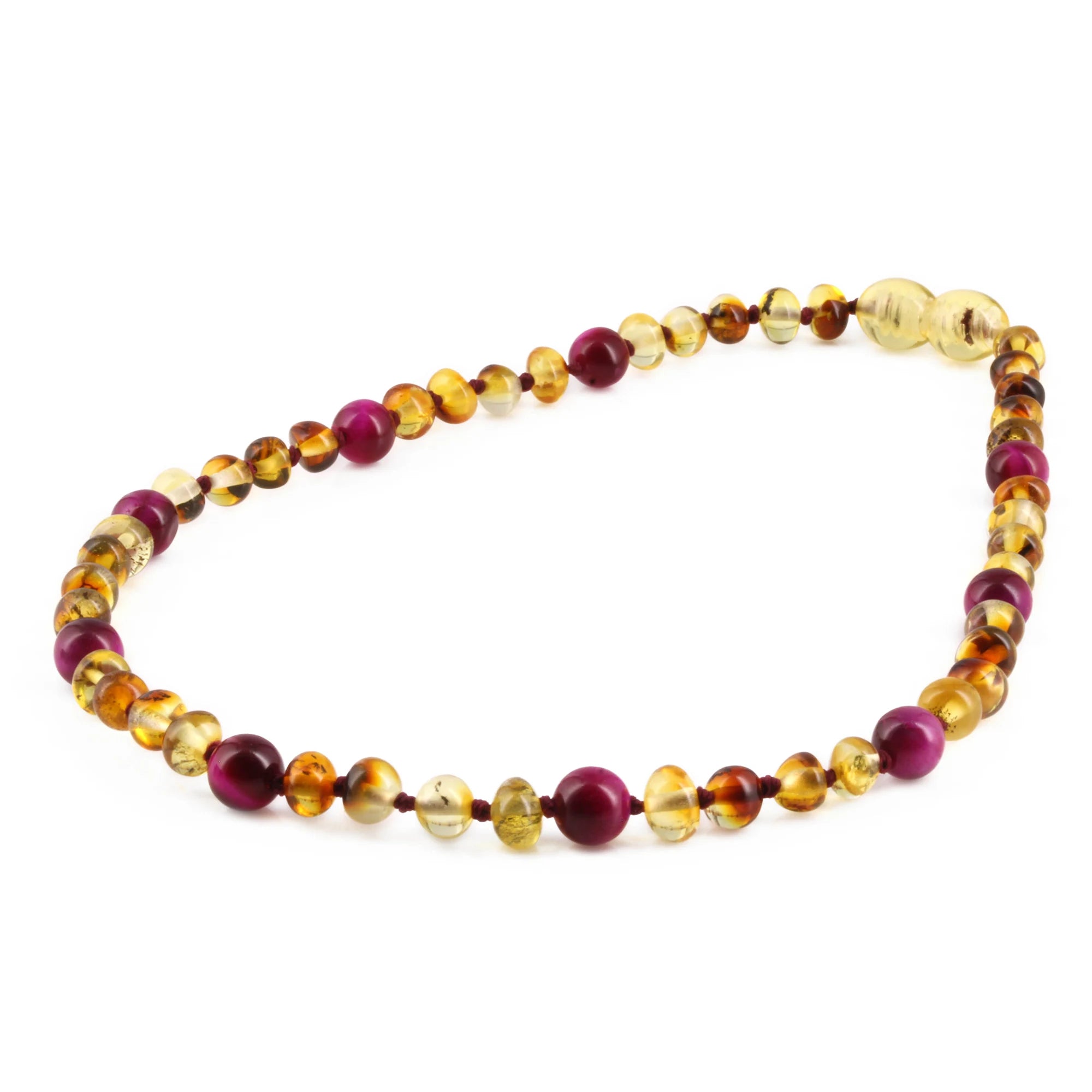 Baltic Amber & Magenta Tiger Eye Baby Teething Necklace Baroque Multicolor Glossy Finish - Wholesale Lot of 10pcs - 32cm / 12.6in - LE456