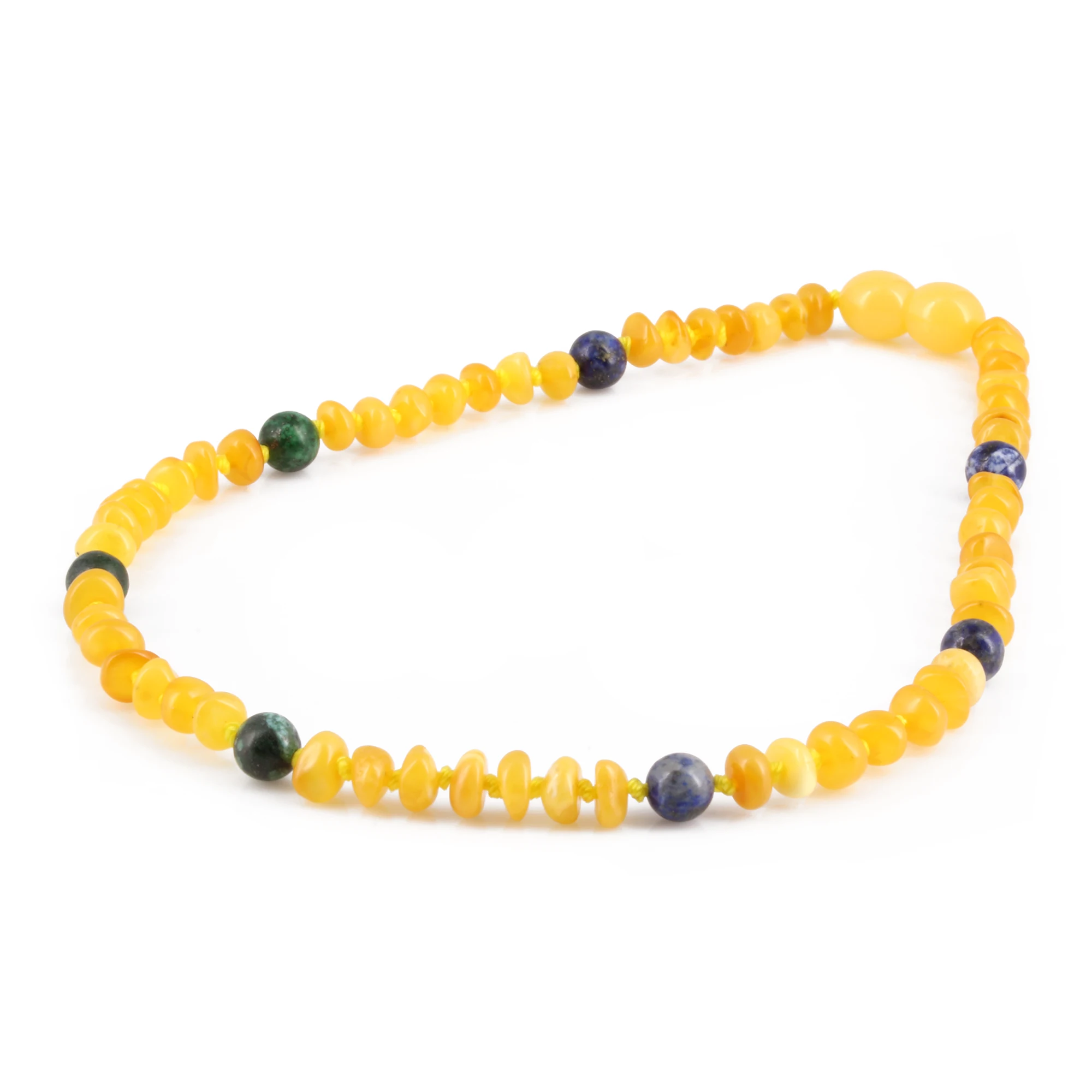 Baltic Amber, Azurite & Lapis Lazuli Baby Teething Necklace Roundel Milky Yellow Glossy Finish - Wholesale Lot of 10pcs - 32cm / 12.6in - AGL44