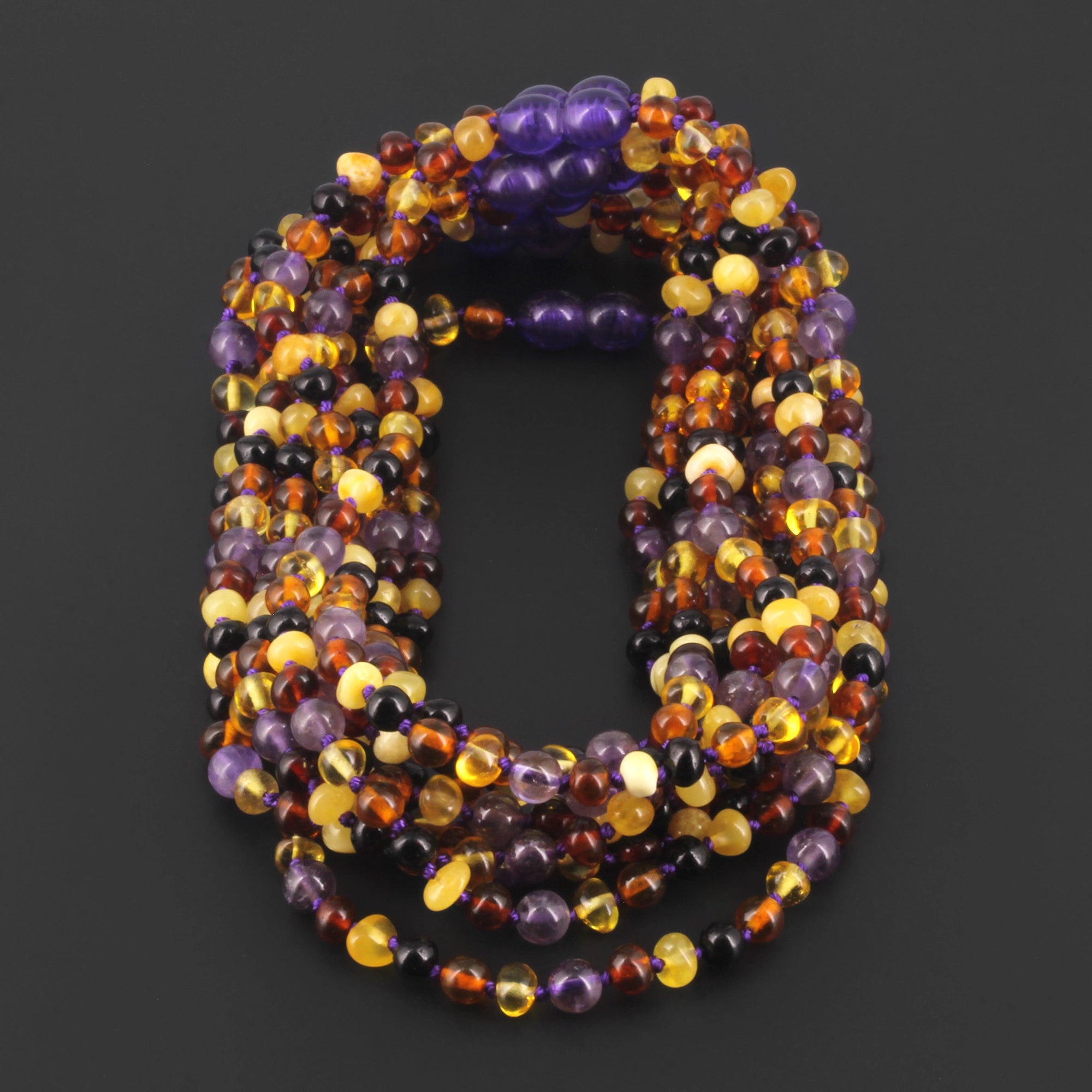 BALTIC AMBER BABY TEETHING NECKLACES WITH AMETHYST LOT OF 10pcs. LE515-B