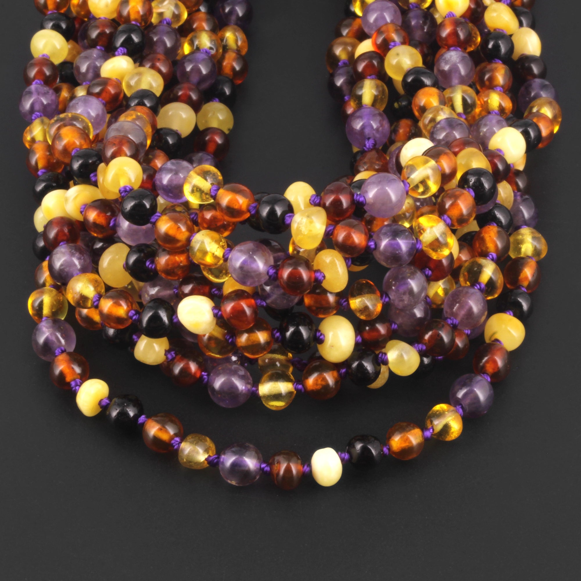 BALTIC AMBER BABY TEETHING NECKLACES WITH AMETHYST LOT OF 10pcs. LE515-B