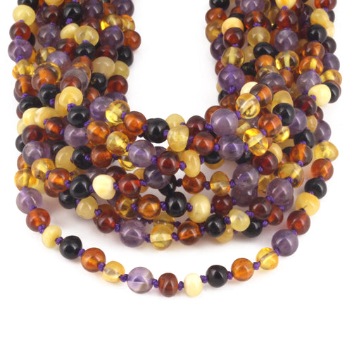 Baltic Amber & Amethyst Baby Teething Necklace Baroque Multicolor Glossy Finish - Wholesale Lot of 10pcs - 32cm / 12.6in - LE515-B