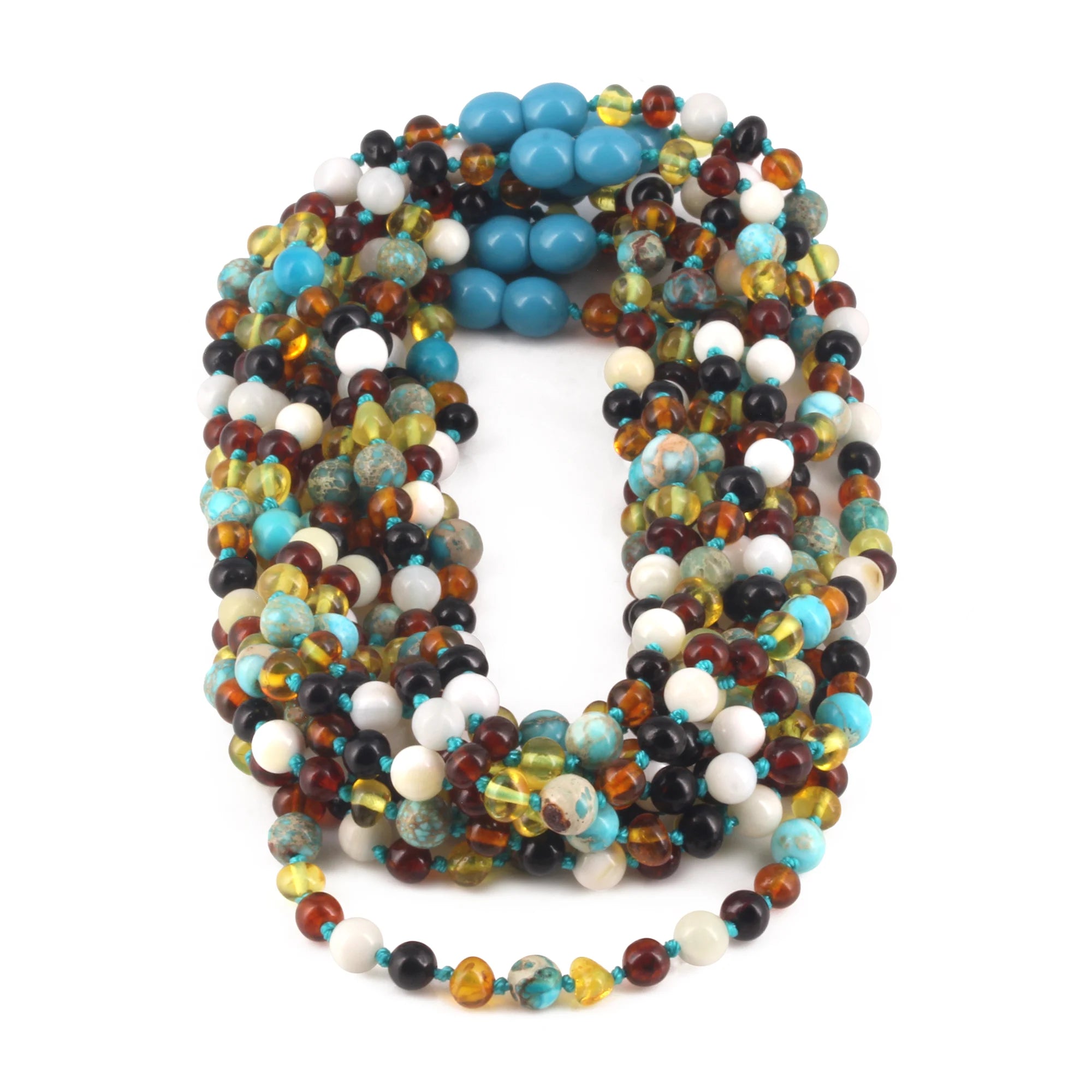 BALTIC AMBER BABY TEETHING NECKLACES WITH LAKE BLUE IMPERIAL JASPER & TRIDACNA SHELL LOT OF 10pcs. LE474-T