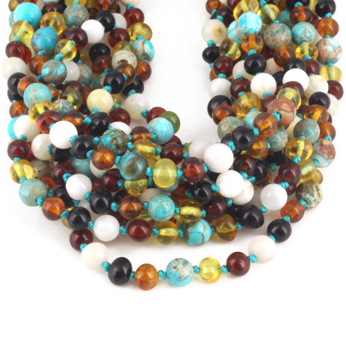 Baltic Amber & Gemstone Baby Teething Necklace Baroque Multicolor Glossy Finish - Wholesale Lot of 10pcs - 32cm / 12.6in - LE474-T