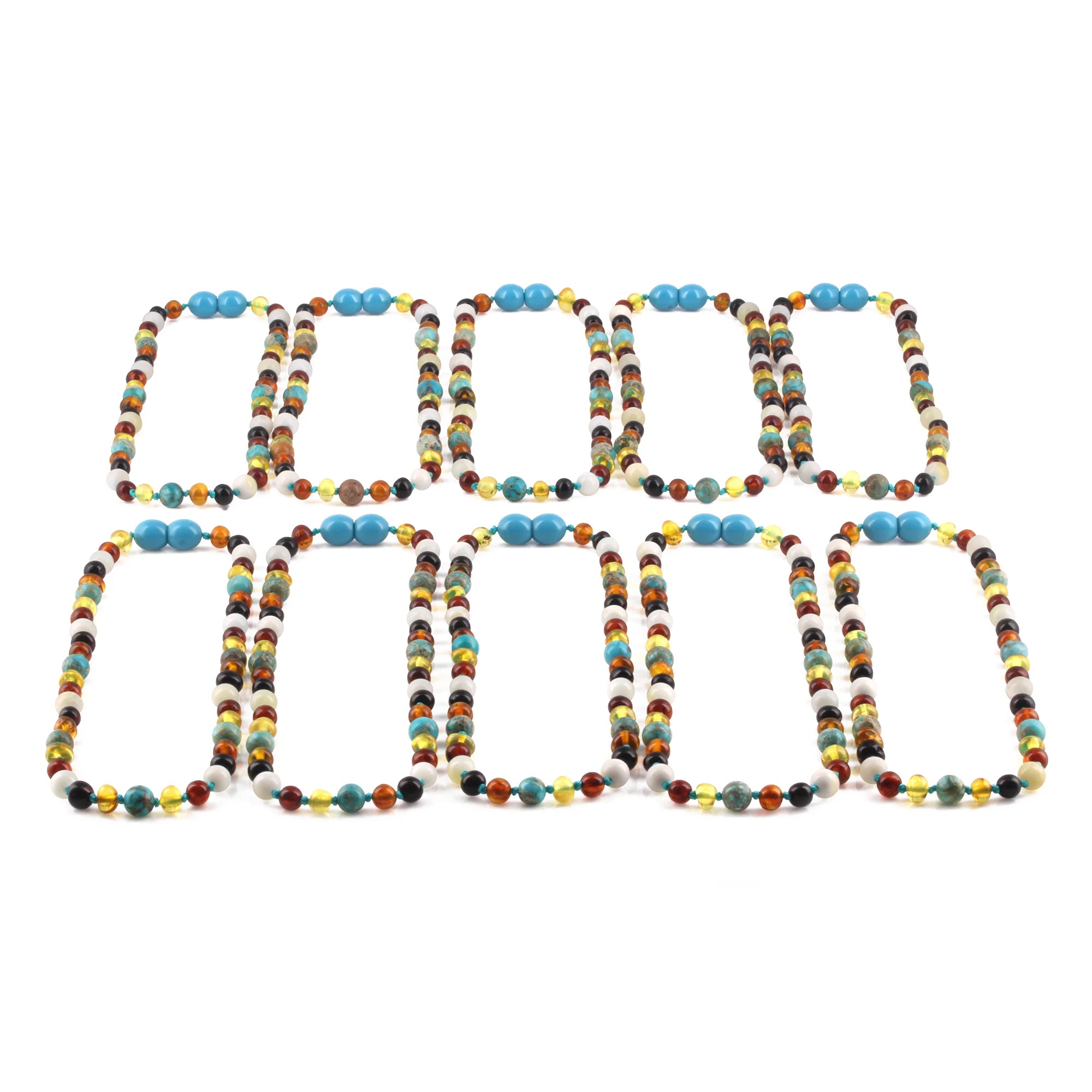 BALTIC AMBER BABY TEETHING NECKLACES WITH LAKE BLUE IMPERIAL JASPER & TRIDACNA SHELL LOT OF 10pcs. LE474-T