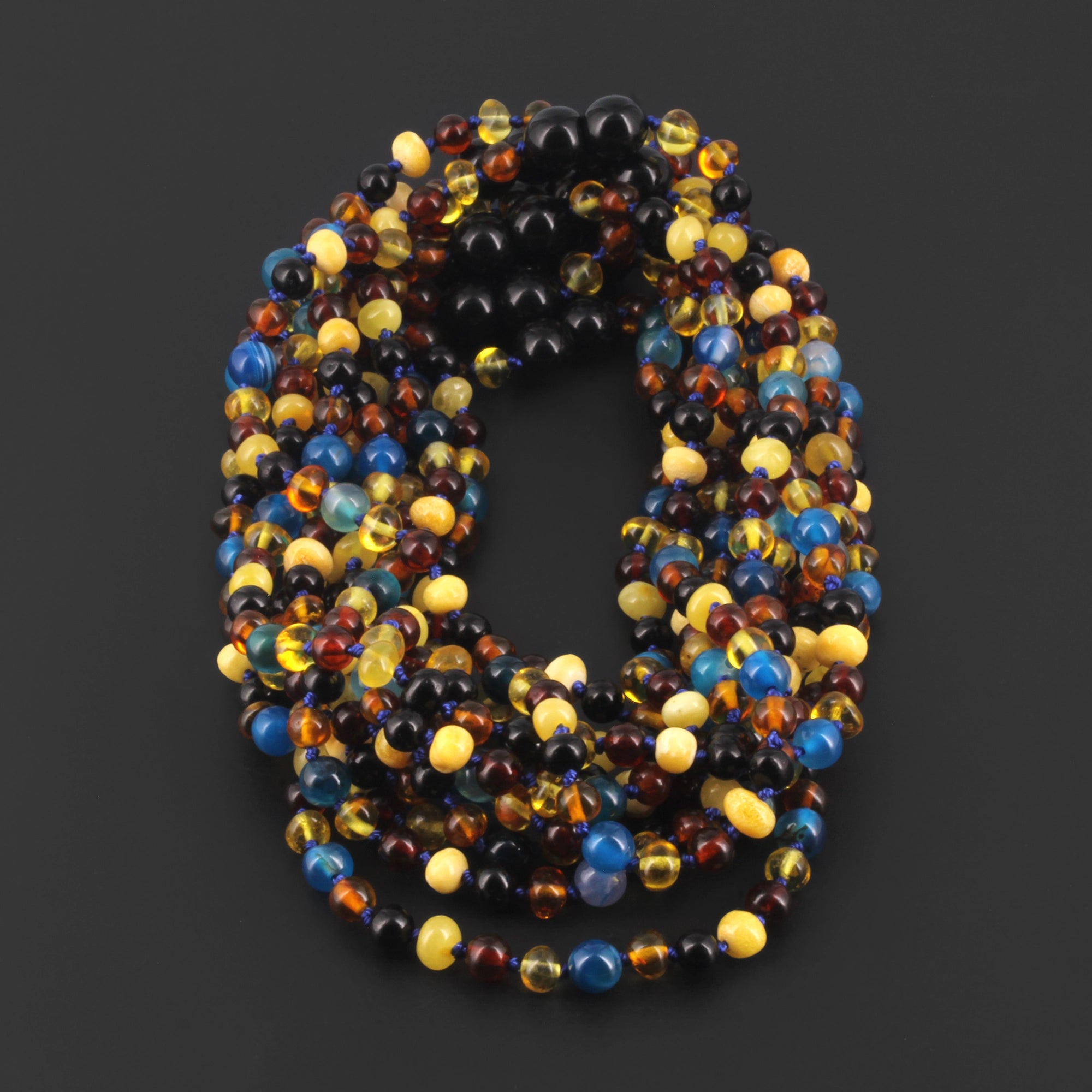 Baltic Amber & Blue Agate Baby Teething Necklace Baroque Multicolor Glossy Finish - Wholesale Lot of 10pcs - 32cm / 12.6in - LE464 V3