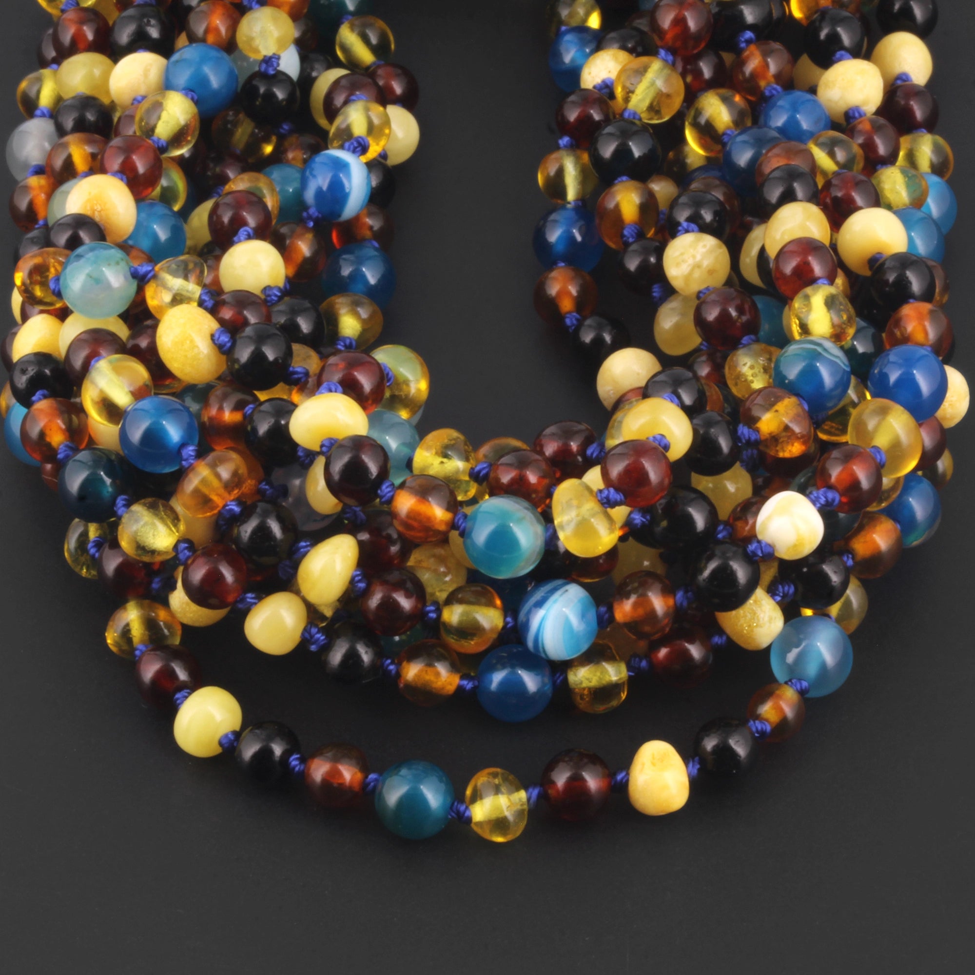 Baltic Amber & Blue Agate Baby Teething Necklace Baroque Multicolor Glossy Finish - Wholesale Lot of 10pcs - 32cm / 12.6in - LE464 V3