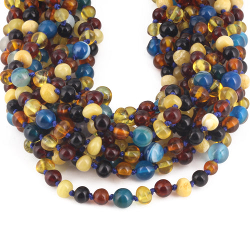 Baltic Amber & Blue Agate Baby Teething Necklace Baroque Multicolor Glossy Finish - Wholesale Lot of 10pcs - 32cm / 12.6in - LE464 V3