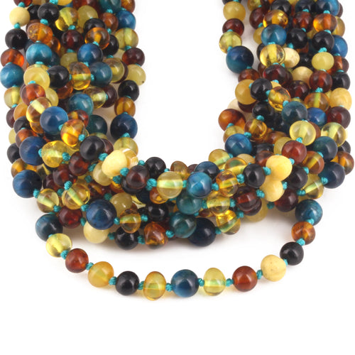 Baltic Amber & Blue Tiger Eye Baby Teething Necklace Baroque Multicolor Glossy Finish - Wholesale Lot of 10pcs - 32cm / 12.6in - LE463 V2