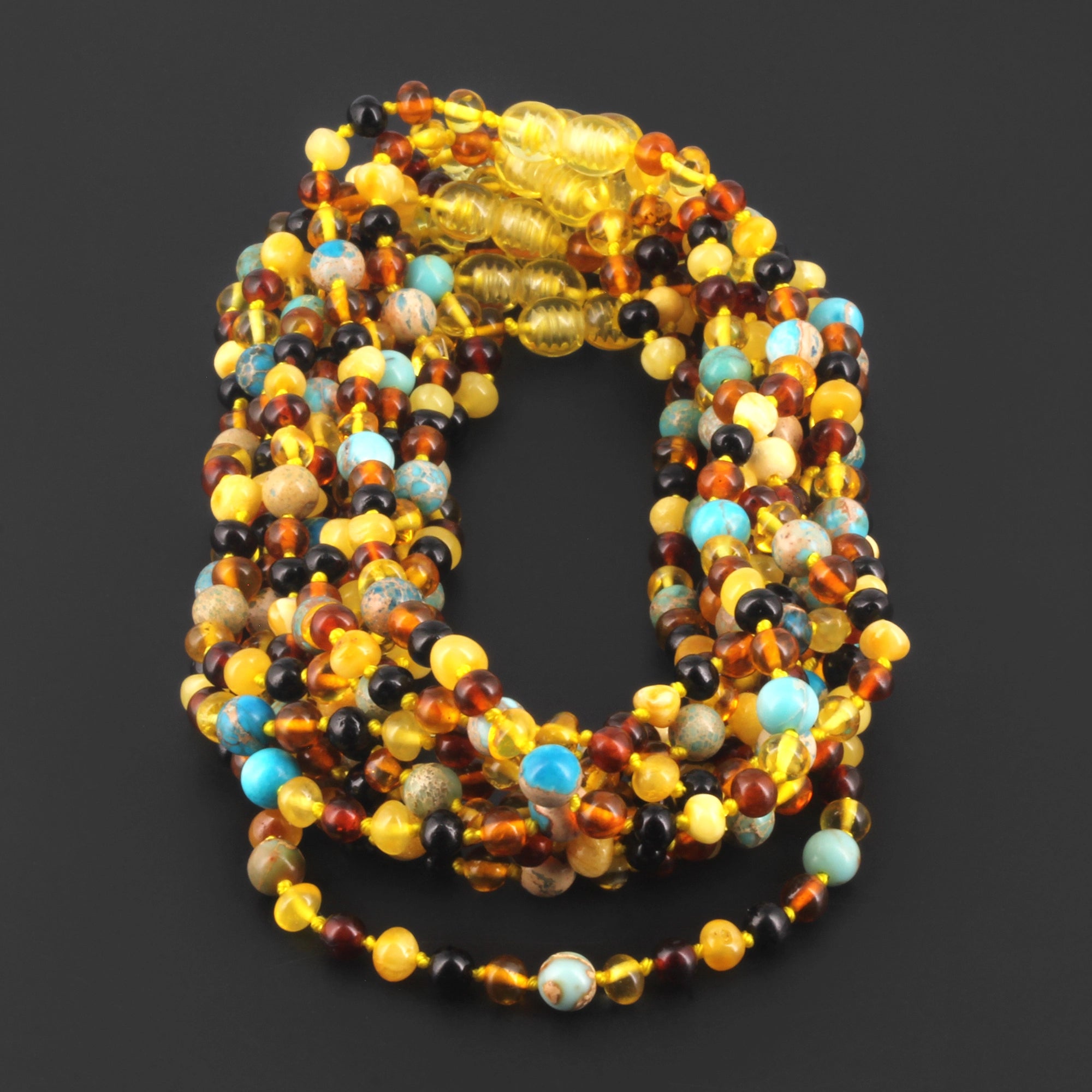 BALTIC AMBER BABY TEETHING NECKLACES WITH LAKE BLUE IMPERIAL JASPER LOT OF 10pcs. LE474