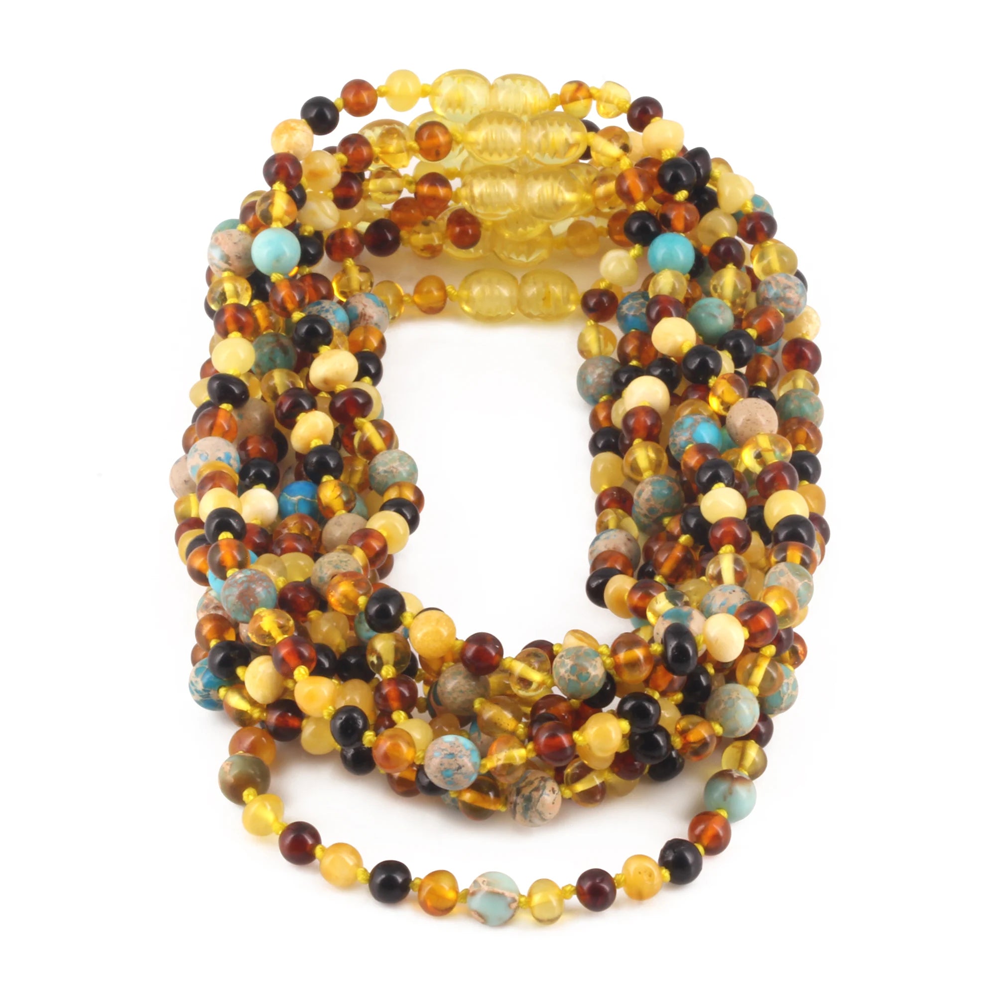 BALTIC AMBER BABY TEETHING NECKLACES WITH LAKE BLUE IMPERIAL JASPER LOT OF 10pcs. LE474