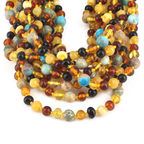 Baltic Amber & Blue Jasper Baby Teething Necklace Baroque Multicolor Glossy Finish - Wholesale Lot of 10pcs - 32cm / 12.6in - LE474