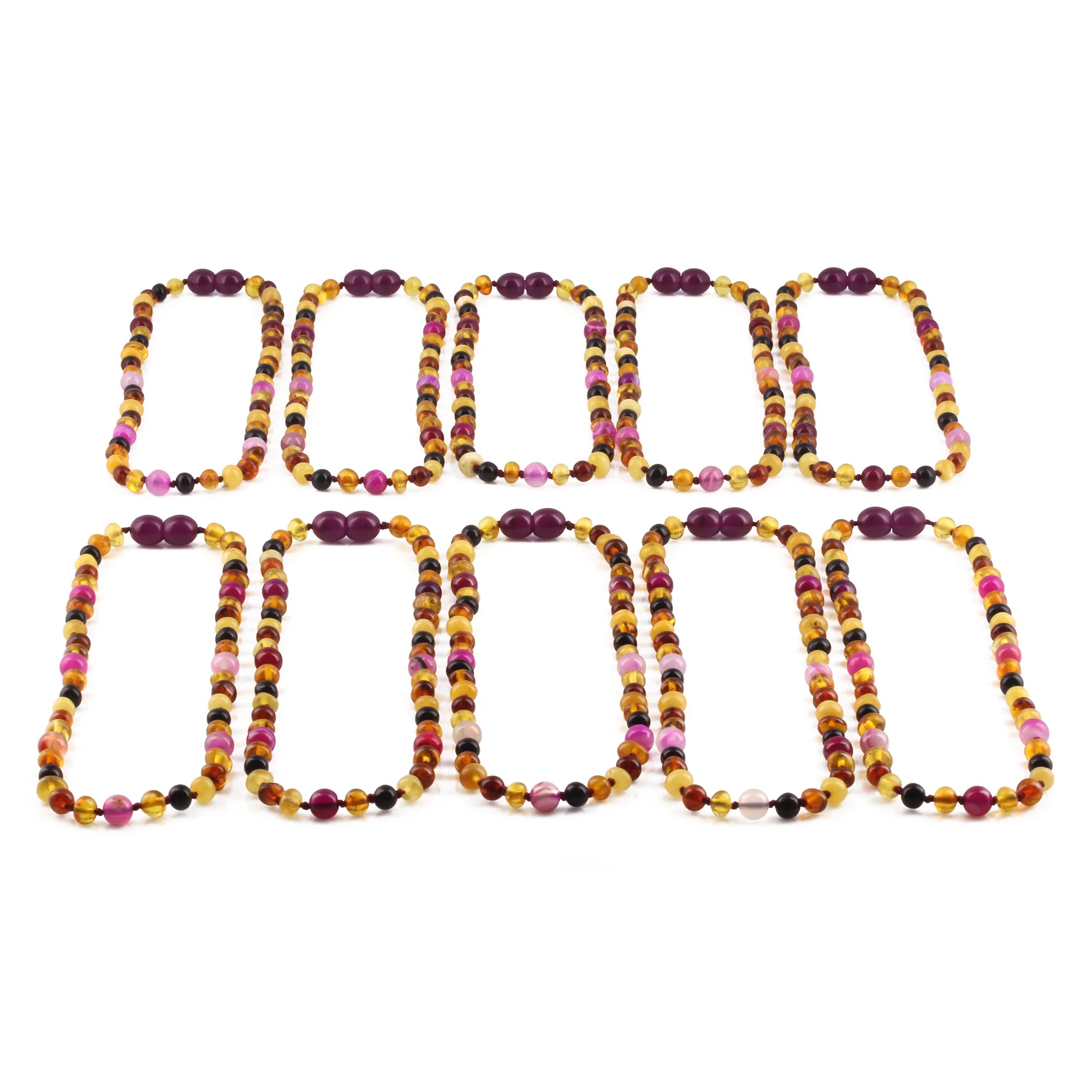 BALTIC AMBER BABY TEETHING NECKLACES WITH PINK LACE AGATE LOT OF 10pc. LE458