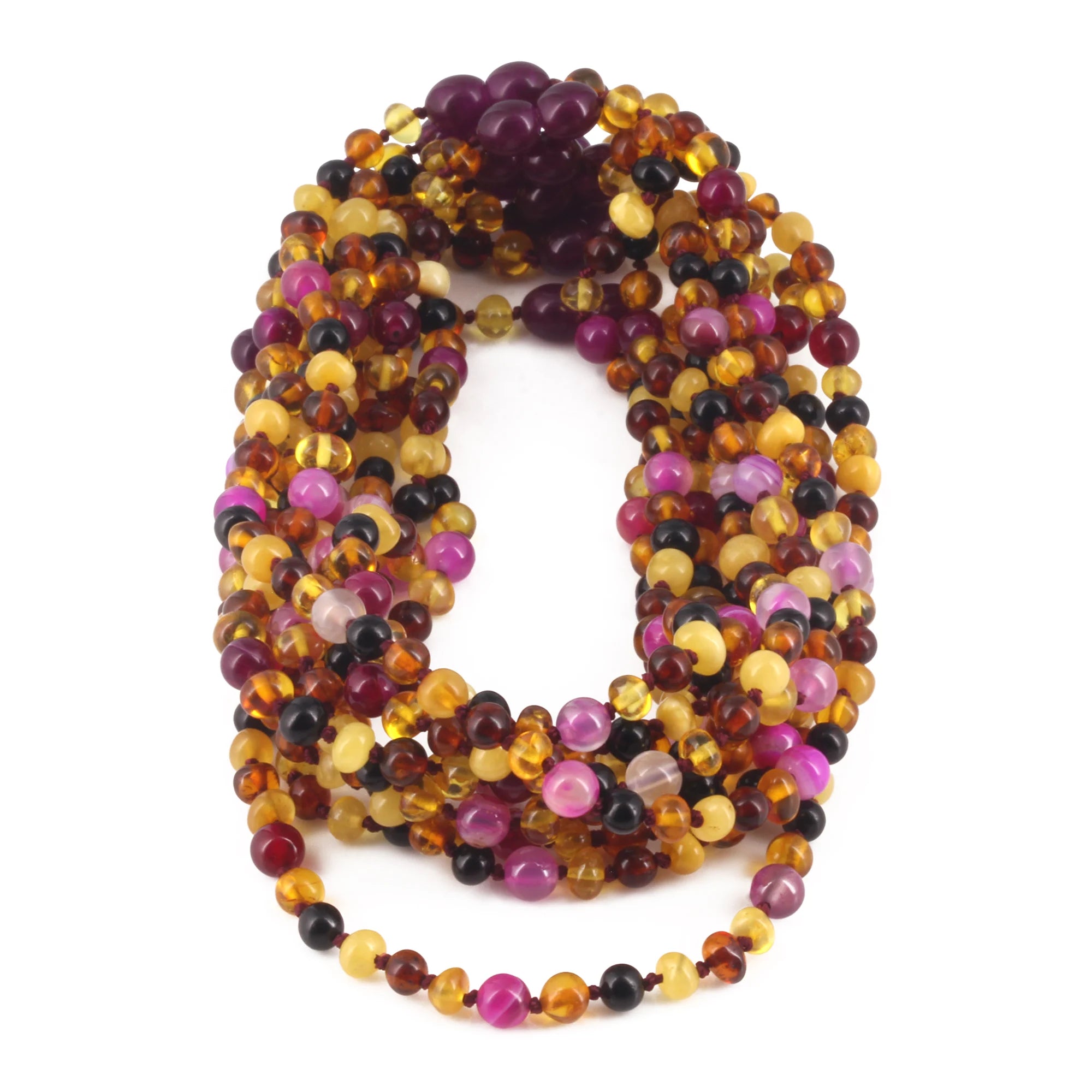 BALTIC AMBER BABY TEETHING NECKLACES WITH PINK LACE AGATE LOT OF 10pc. LE458