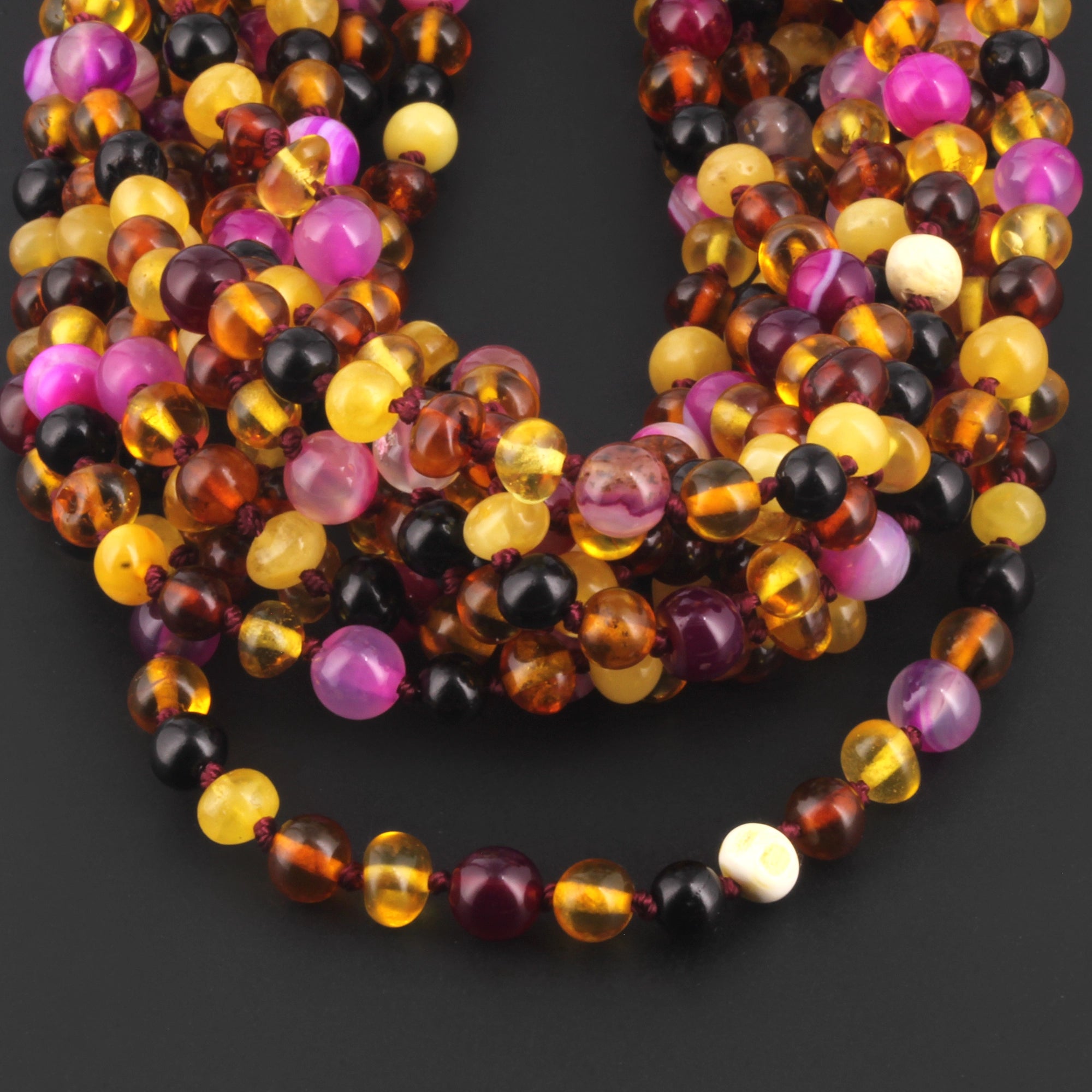 Baltic Amber & Pink Agate Baby Teething Necklace Baroque Multicolor Glossy Finish - Wholesale Lot of 10pcs - 32cm / 12.6in - LE458