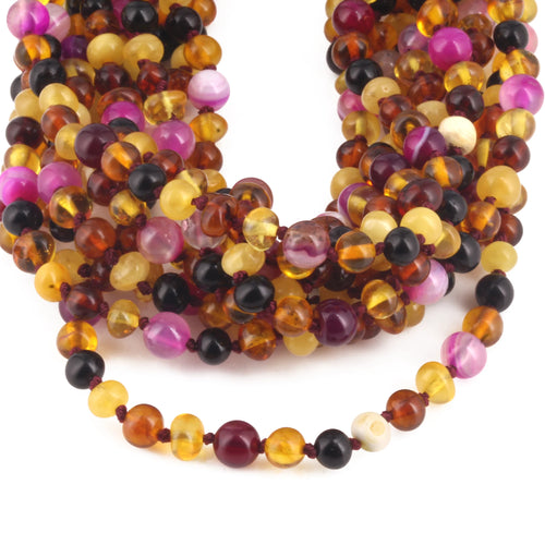 Baltic Amber & Pink Agate Baby Teething Necklace Baroque Multicolor Glossy Finish - Wholesale Lot of 10pcs - 32cm / 12.6in - LE458