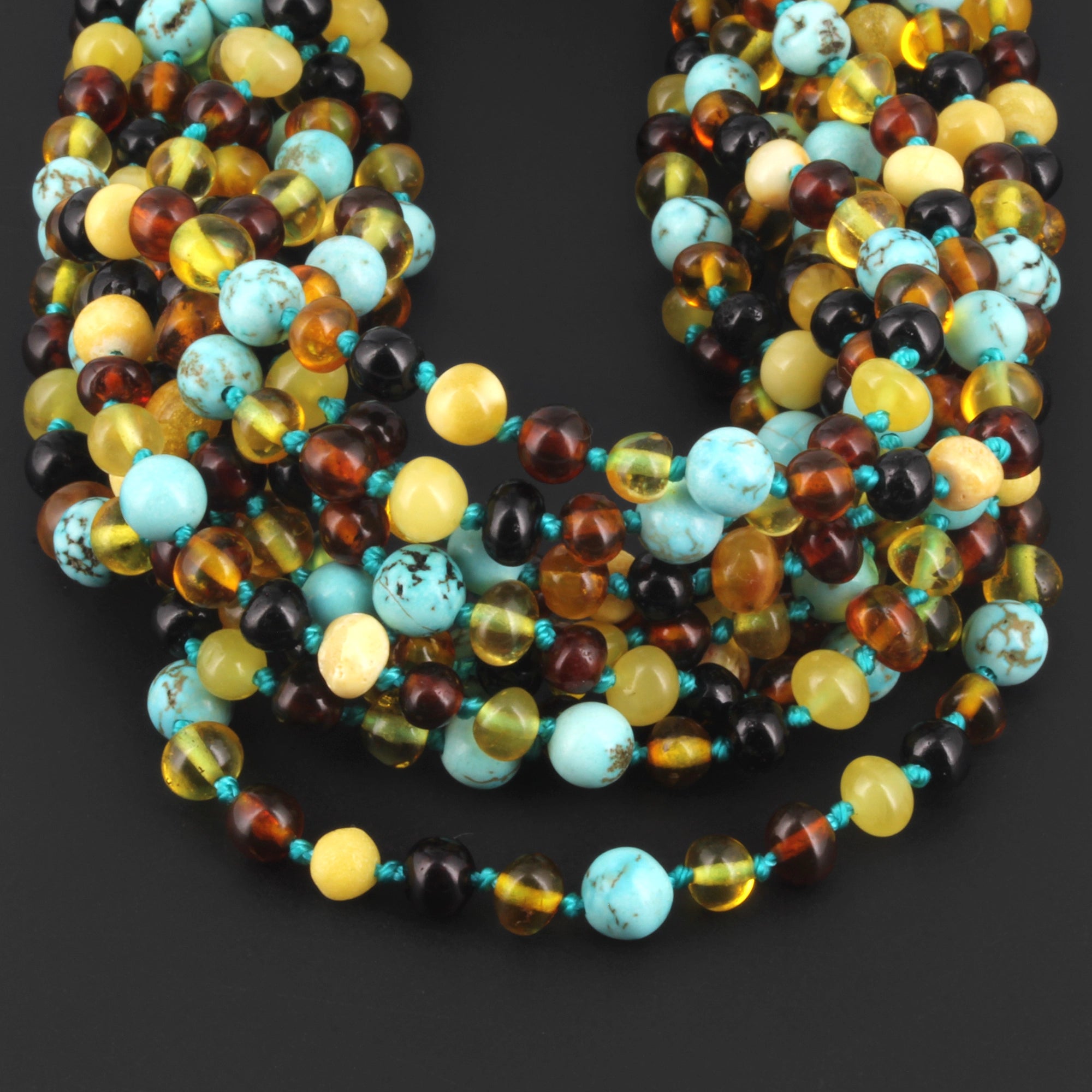 BALTIC AMBER BABY TEETHING NECKLACES WITH TURQUOISE LOT OF 10pcs. LE465