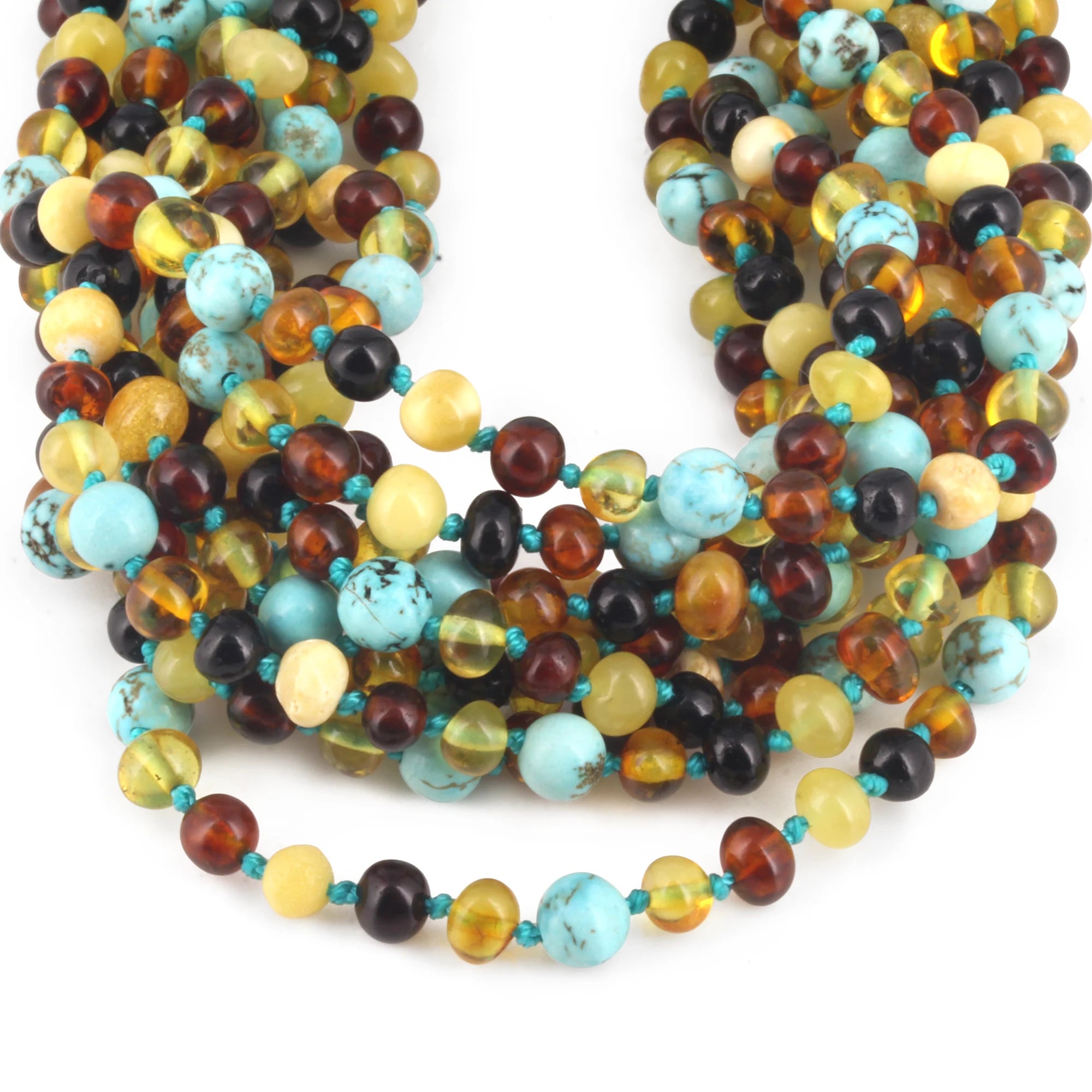 BALTIC AMBER BABY TEETHING NECKLACES WITH TURQUOISE LOT OF 10pcs. LE465