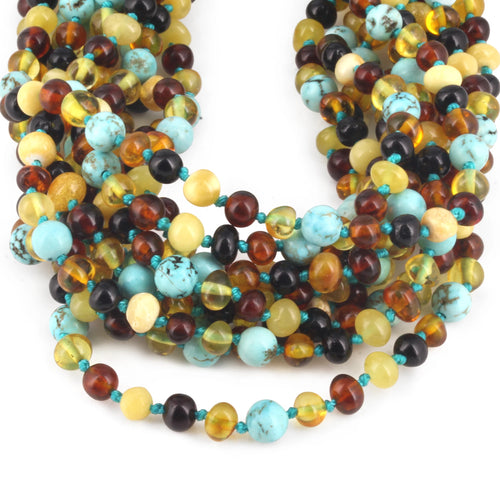 Baltic Amber & Turquoise Baby Teething Necklace Baroque Multicolor Glossy Finish - Wholesale Lot of 10pcs - 32cm / 12.6in - LE465