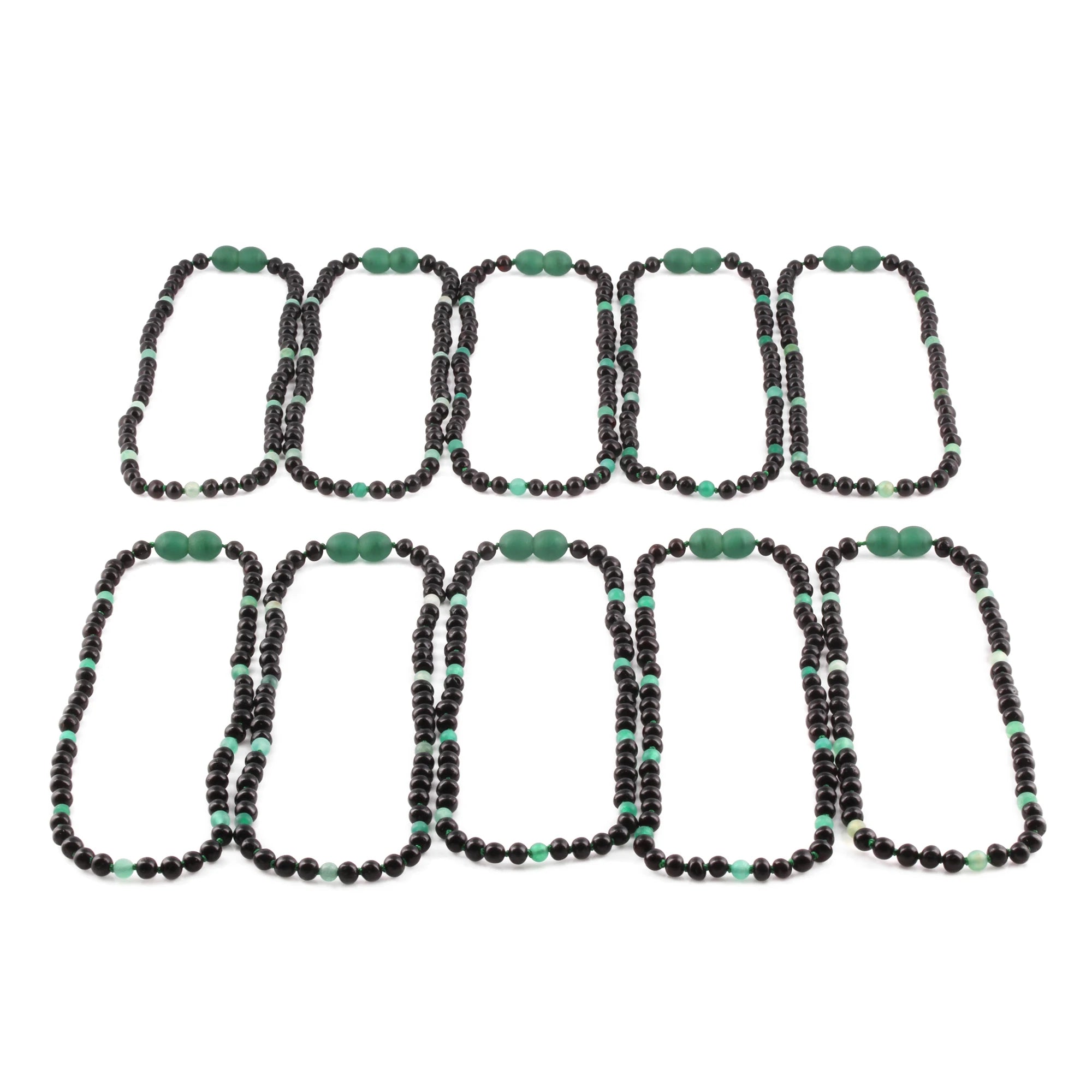 Baltic Amber & Green Agate Baby Teething Necklace Baroque Black Glossy Finish - Wholesale Lot of 10pcs - 32cm / 12.6in - LE550-S