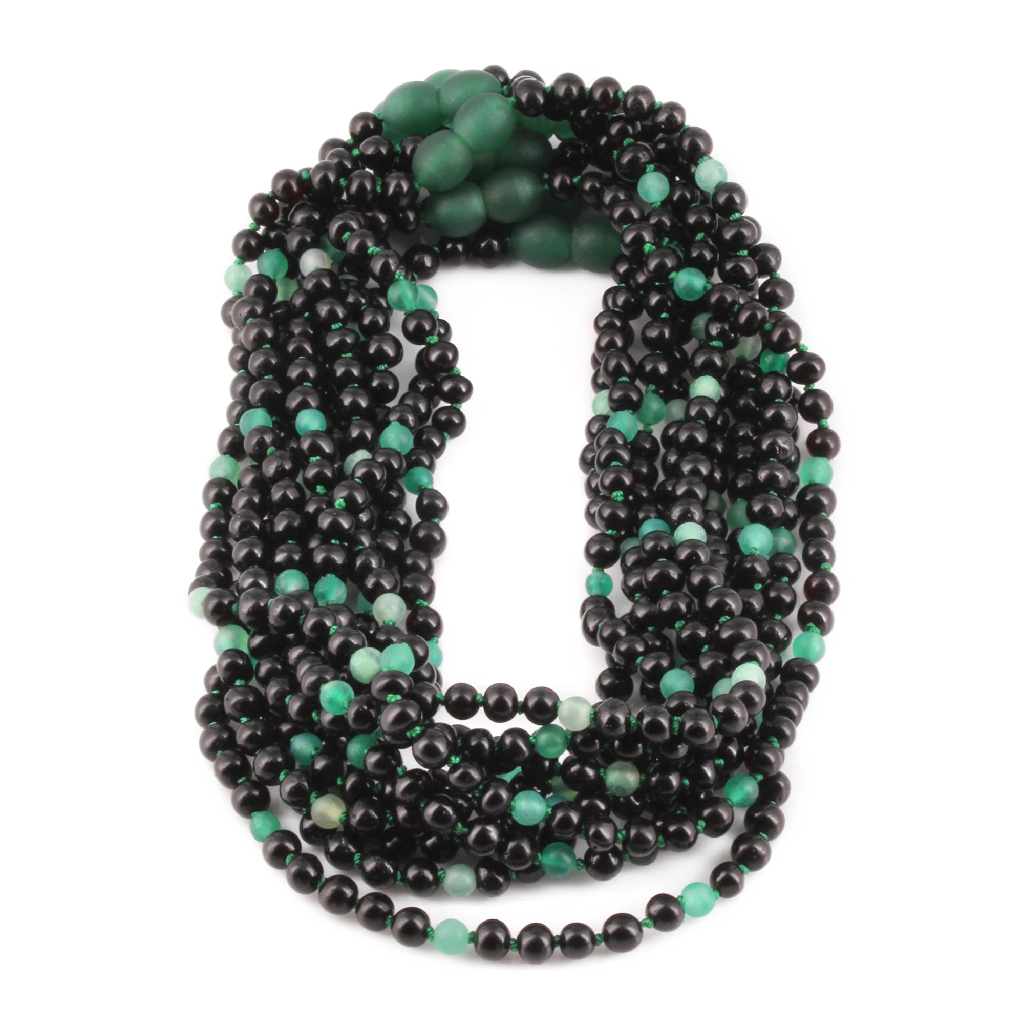 Baltic Amber & Green Agate Baby Teething Necklace Baroque Black Glossy Finish - Wholesale Lot of 10pcs - 32cm / 12.6in - LE550-S