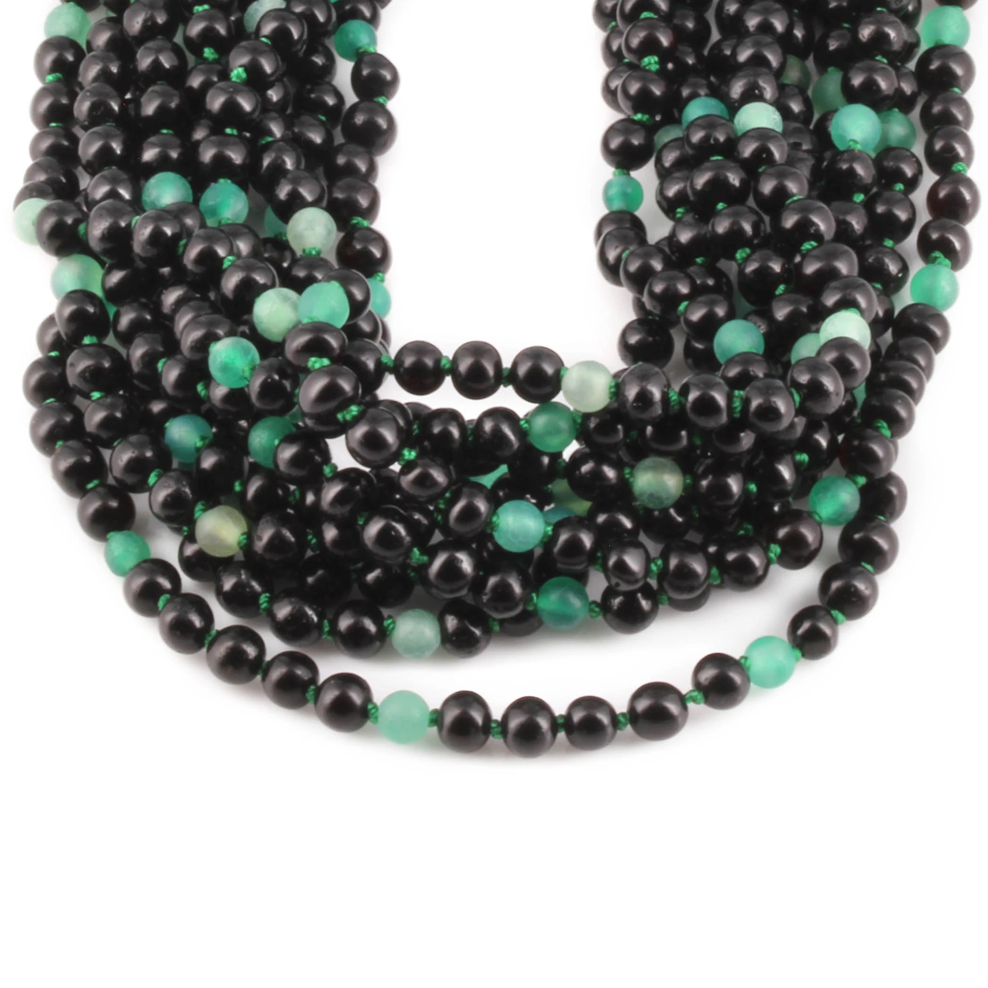 Baltic Amber & Green Agate Baby Teething Necklace Baroque Black Glossy Finish - Wholesale Lot of 10pcs - 32cm / 12.6in - LE550-S