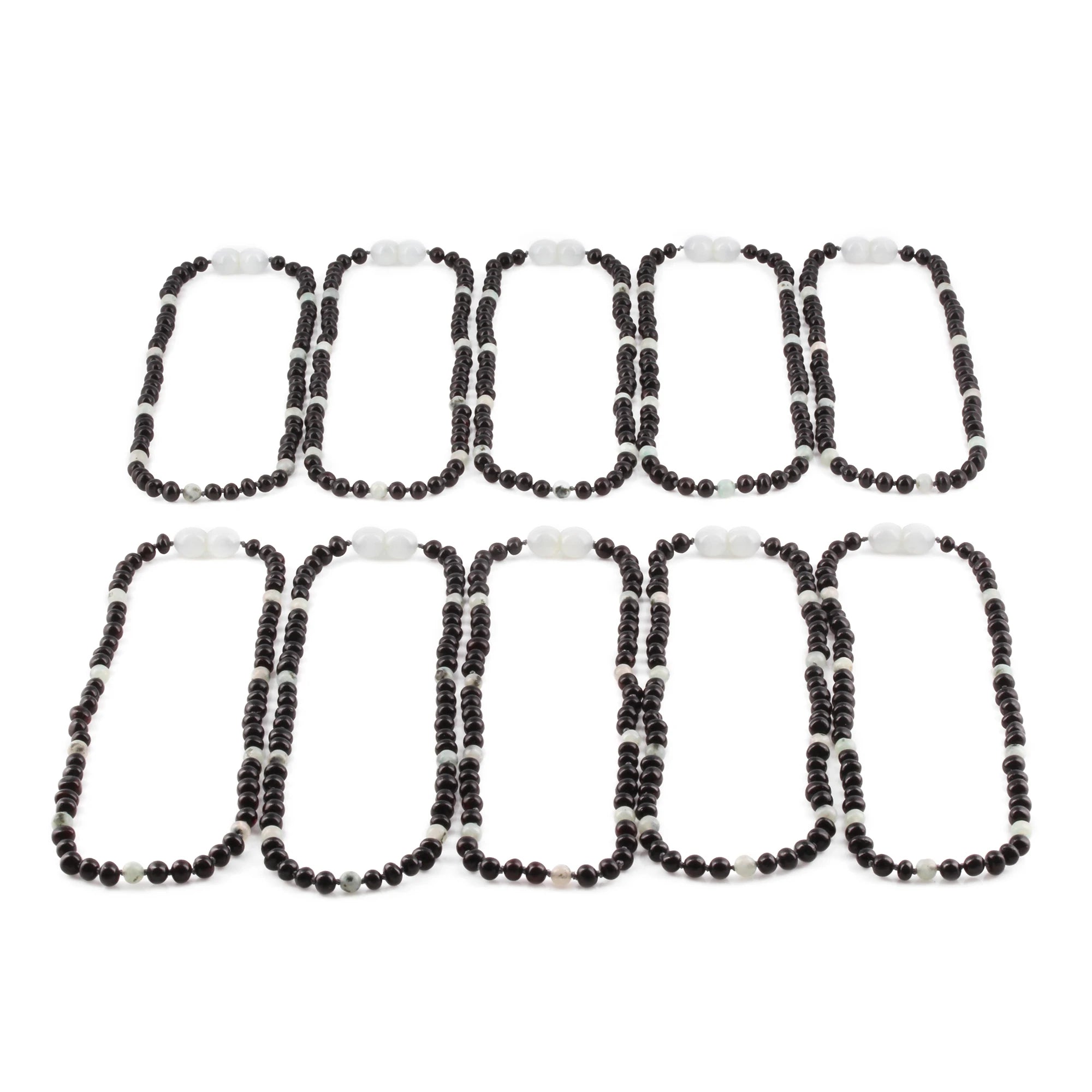 Baltic Amber & Kiwi Jasper Eye Baby Teething Necklace Baroque Black Glossy Finish - Wholesale Lot of 10pcs - 32cm / 12.6in - LE551-S