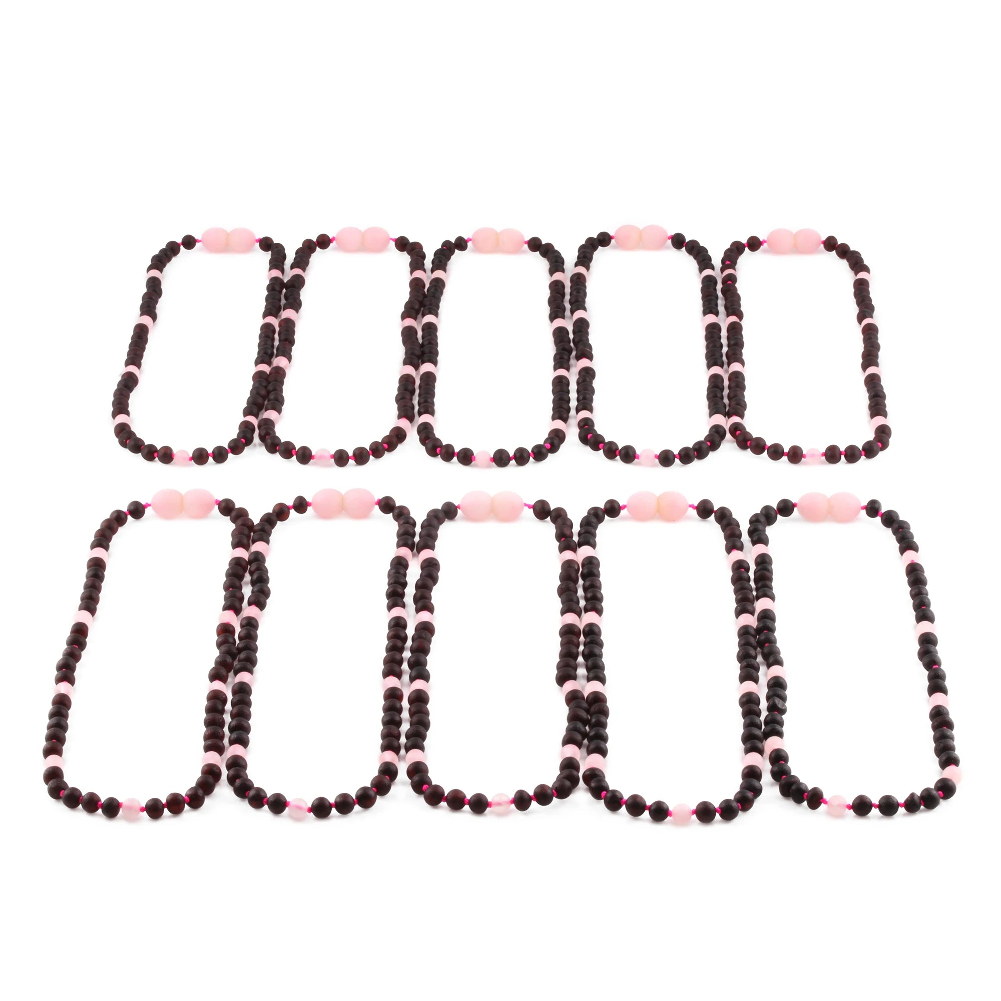 Baltic Amber & Rose Quartz Baby Teething Necklace Baroque Black Matte Finish - Wholesale Lot of 10pcs - 32cm / 12.6in - LE549-S
