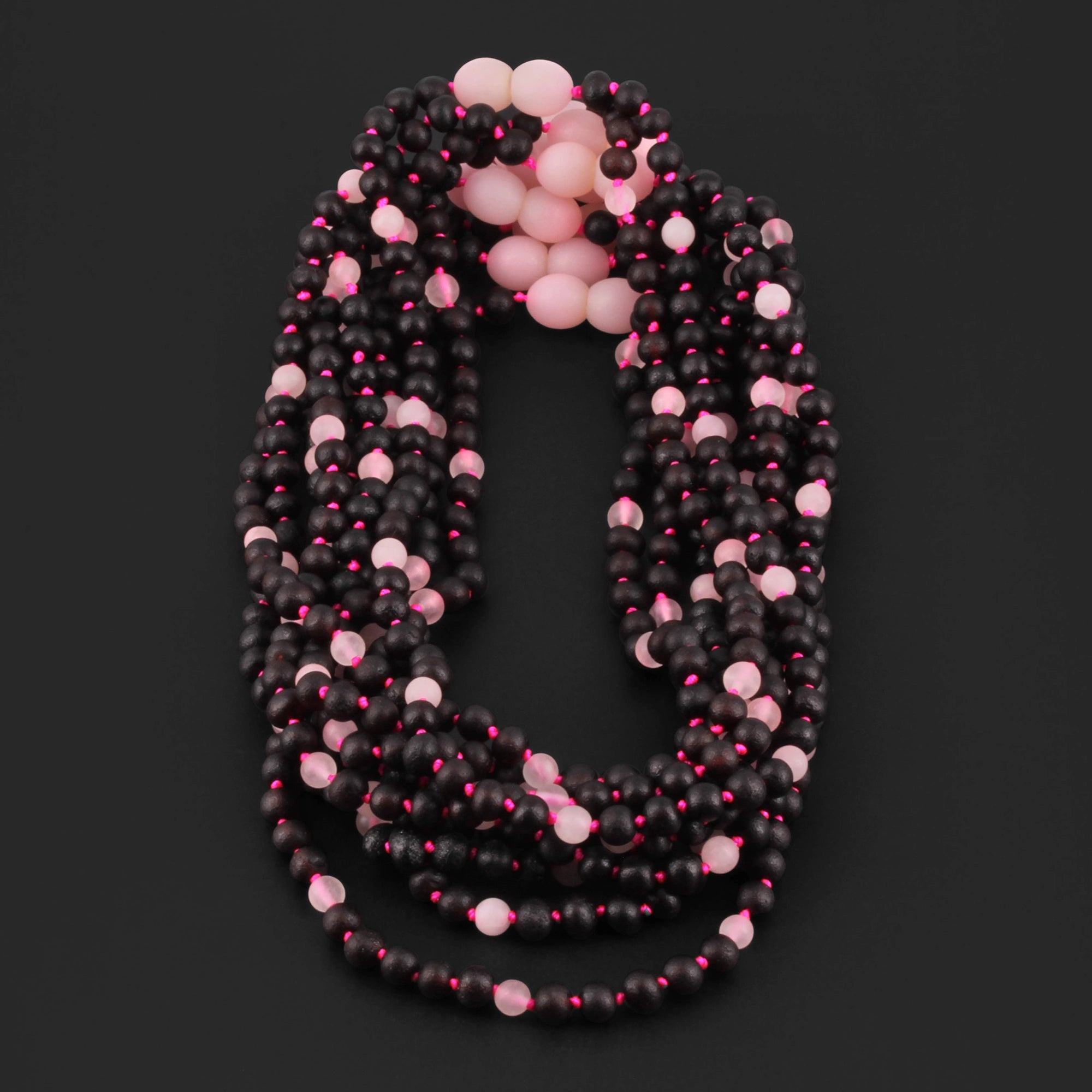 Baltic Amber & Rose Quartz Baby Teething Necklace Baroque Black Matte Finish - Wholesale Lot of 10pcs - 32cm / 12.6in - LE549-S