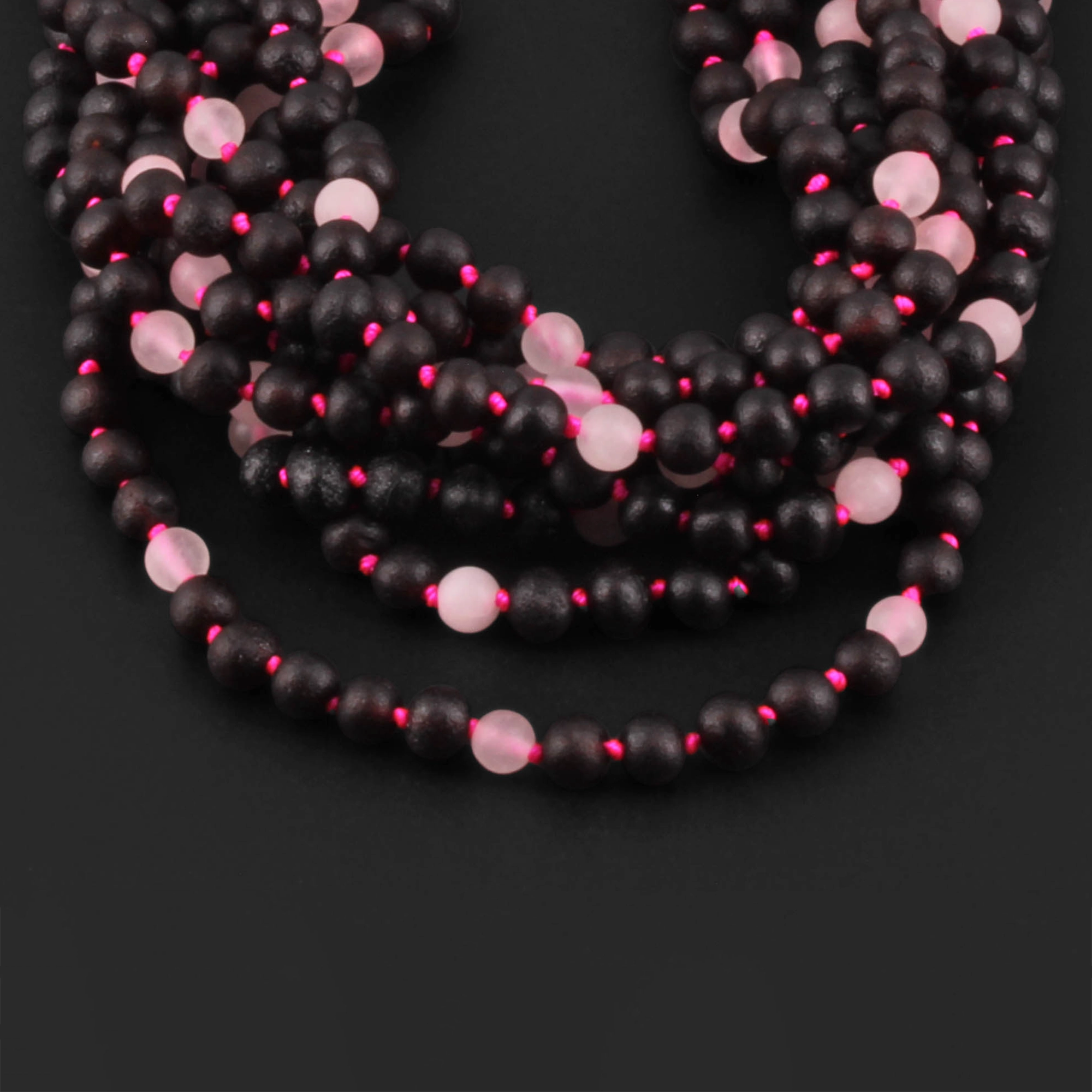 Baltic Amber & Rose Quartz Baby Teething Necklace Baroque Black Matte Finish - Wholesale Lot of 10pcs - 32cm / 12.6in - LE549-S