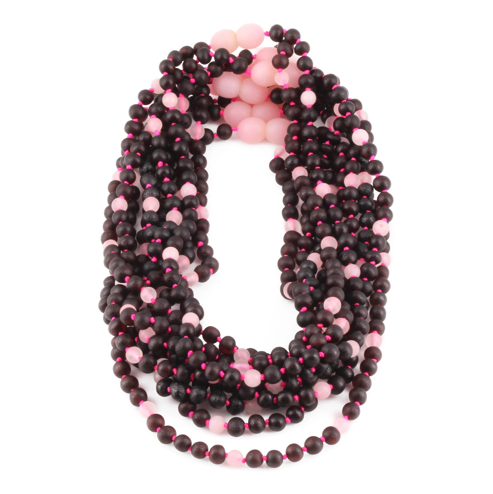 Baltic Amber & Rose Quartz Baby Teething Necklace Baroque Black Matte Finish - Wholesale Lot of 10pcs - 32cm / 12.6in - LE549-S