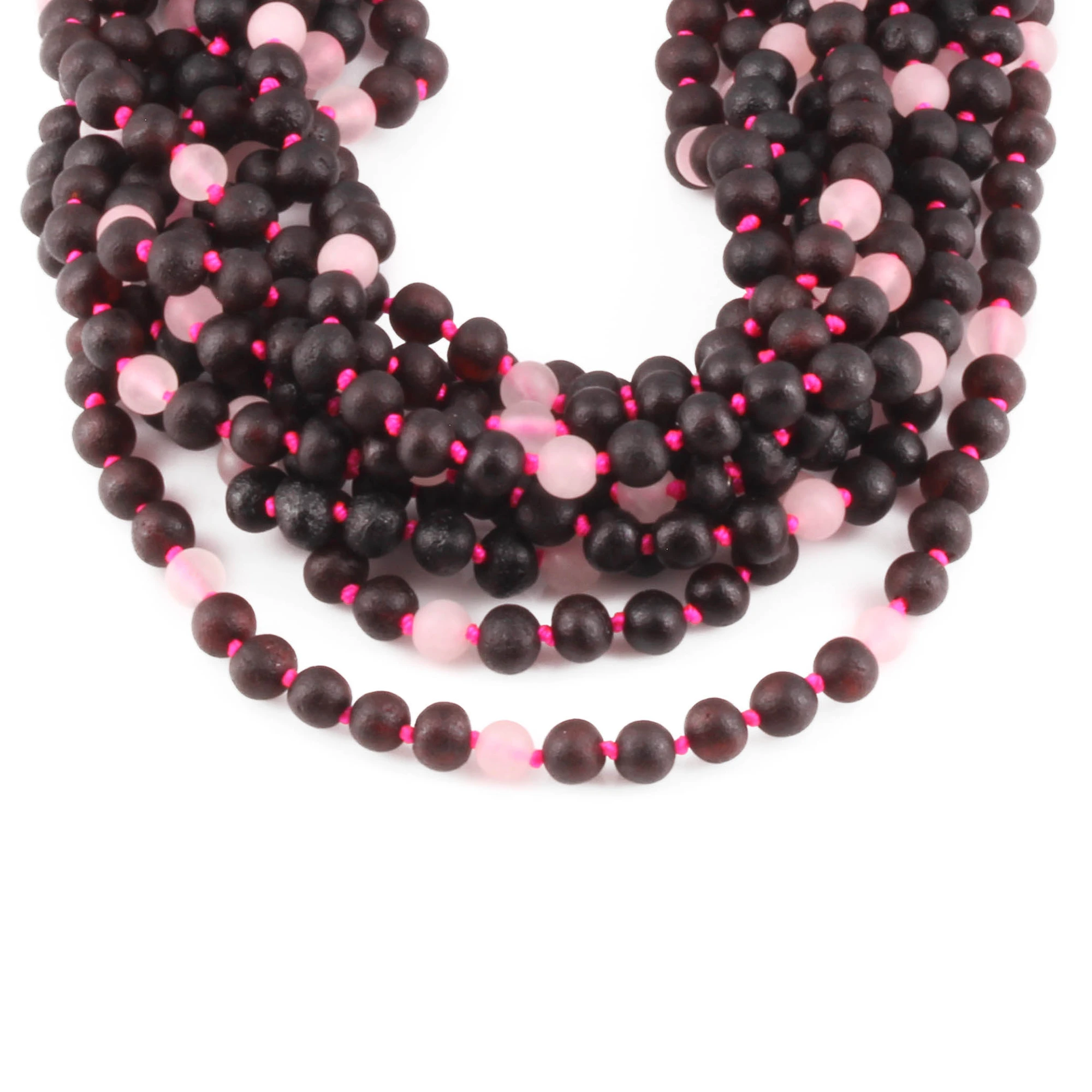 Baltic Amber & Rose Quartz Baby Teething Necklace Baroque Black Matte Finish - Wholesale Lot of 10pcs - 32cm / 12.6in - LE549-S