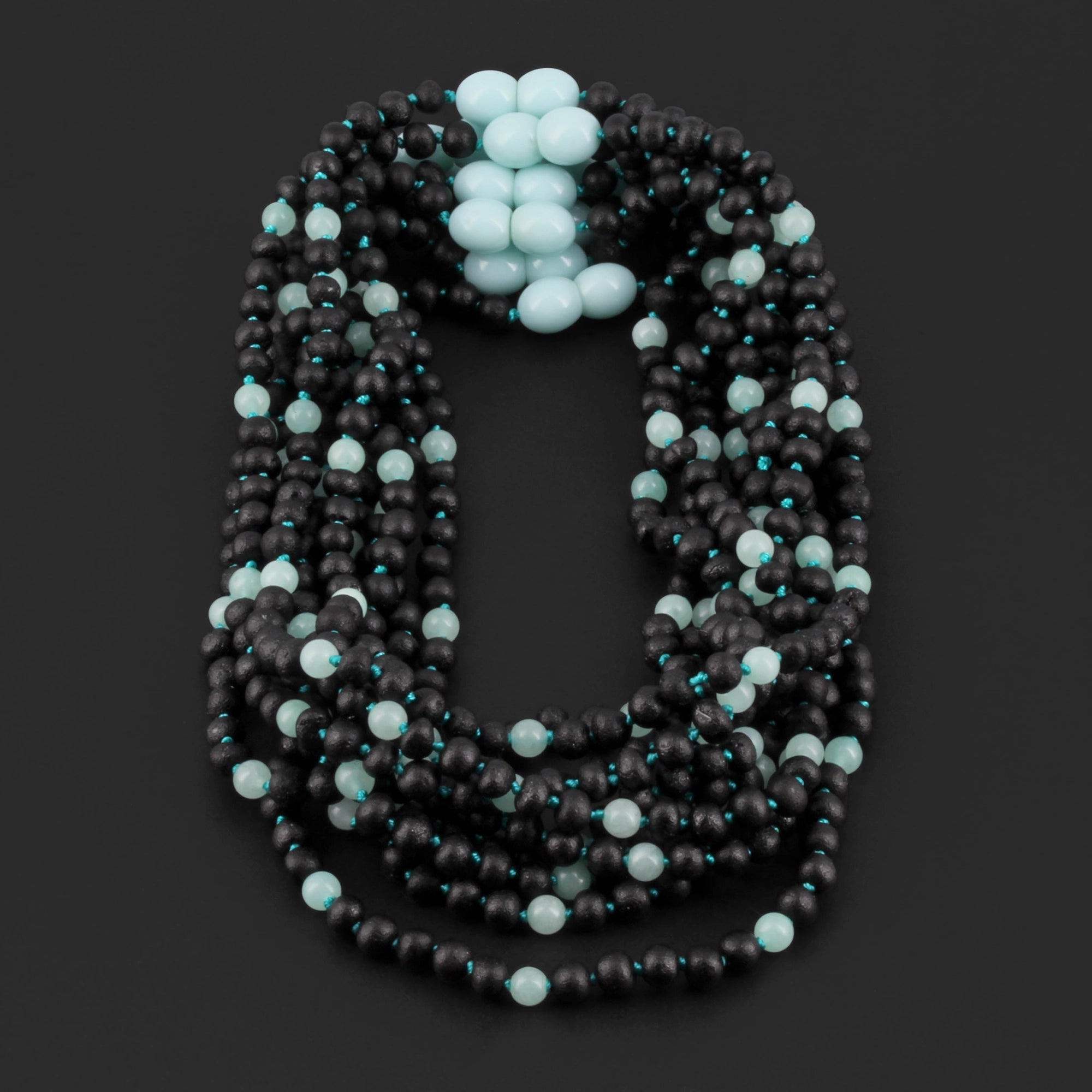 Baltic Amber & Sky Blue Jade Baby Teething Necklace Baroque Black Matte Finish - Wholesale Lot of 10pcs - 32cm / 12.6in - LE547-S