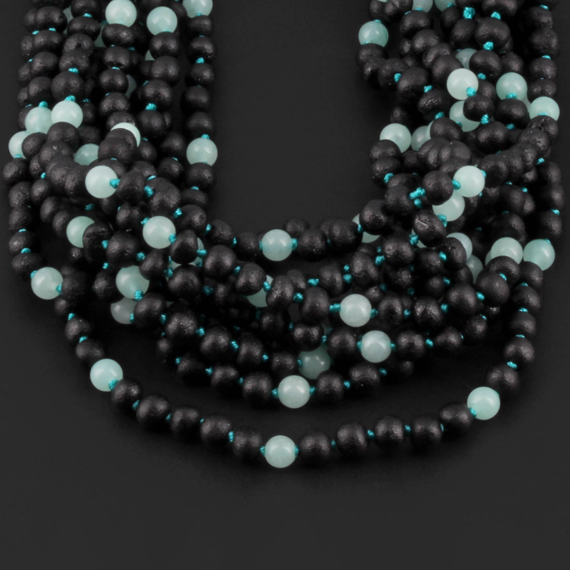 Baltic Amber & Sky Blue Jade Baby Teething Necklace Baroque Black Matte Finish - Wholesale Lot of 10pcs - 32cm / 12.6in - LE547-S