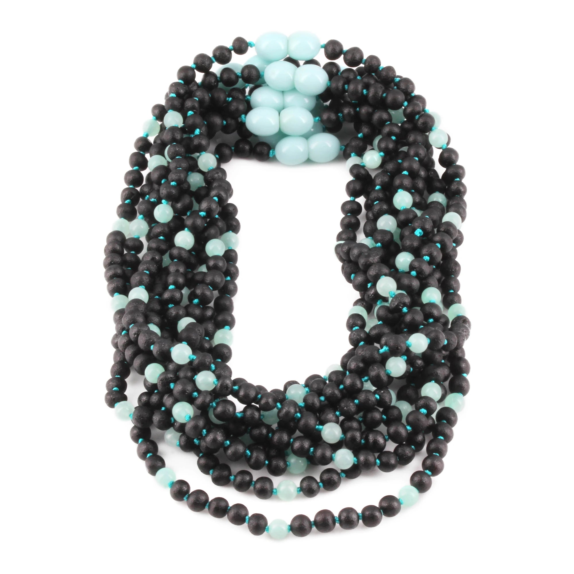 Baltic Amber & Sky Blue Jade Baby Teething Necklace Baroque Black Matte Finish - Wholesale Lot of 10pcs - 32cm / 12.6in - LE547-S