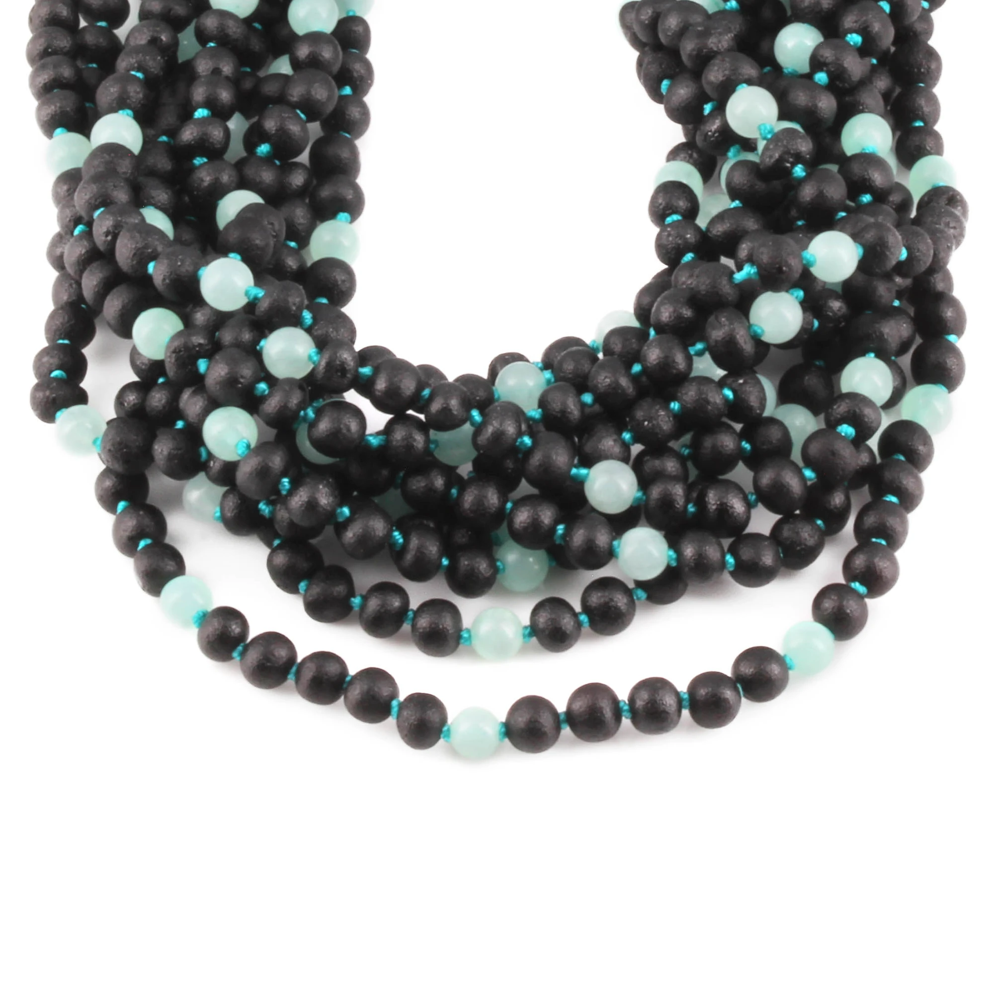 Baltic Amber & Sky Blue Jade Baby Teething Necklace Baroque Black Matte Finish - Wholesale Lot of 10pcs - 32cm / 12.6in - LE547-S
