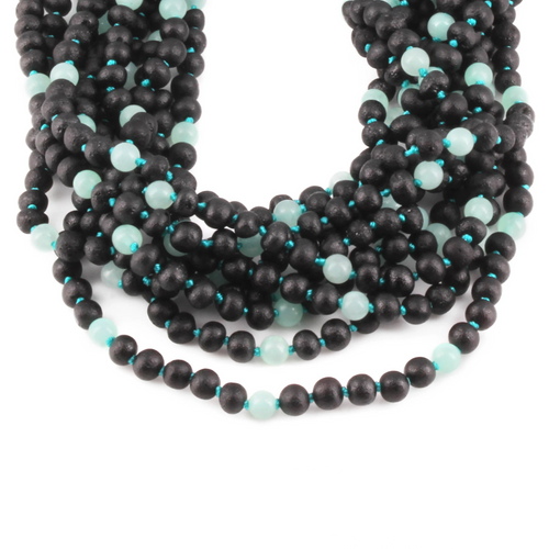 Baltic Amber & Sky Blue Jade Baby Teething Necklace Baroque Black Matte Finish - Wholesale Lot of 10pcs - 32cm / 12.6in - LE547-S