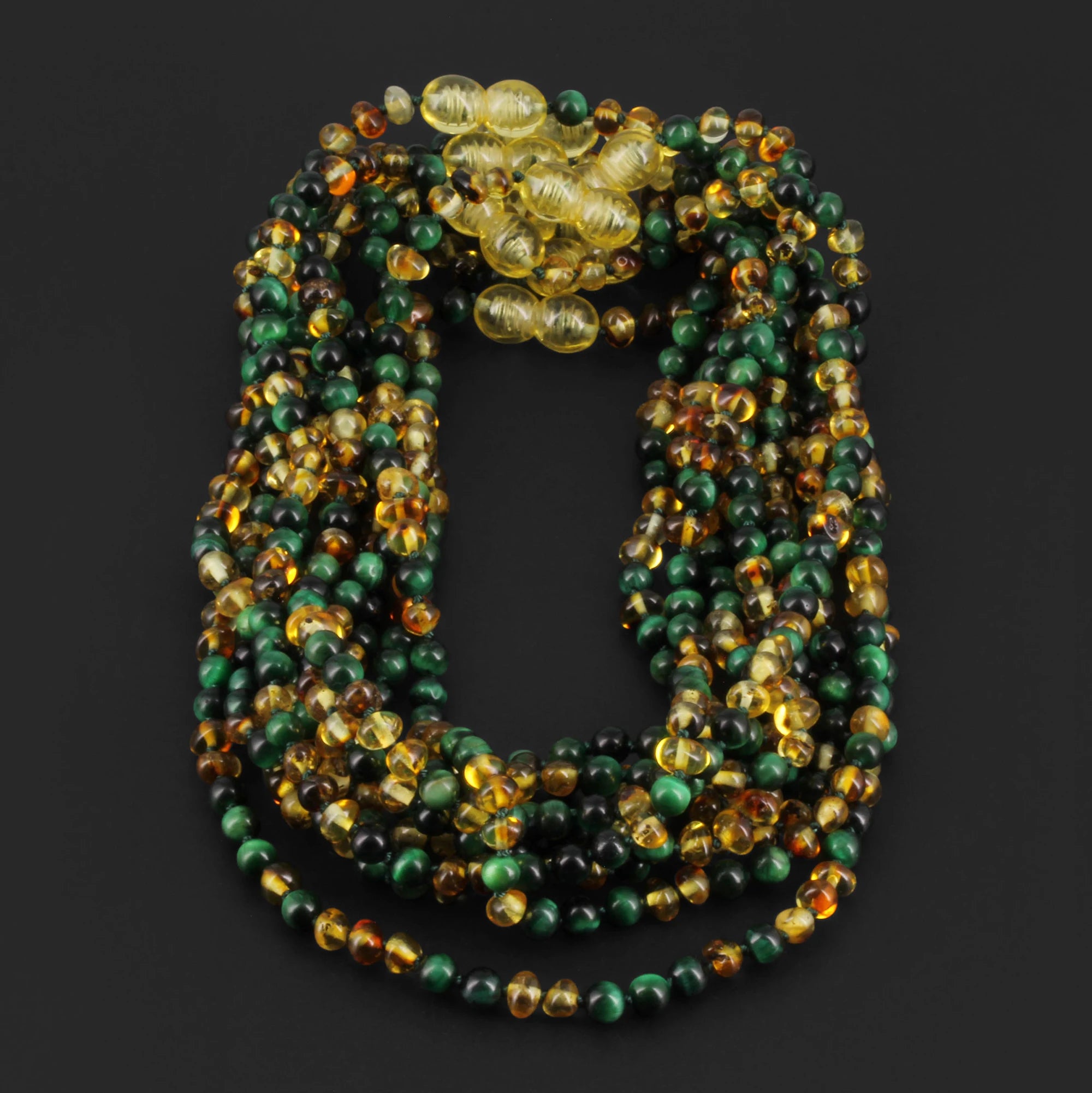 Baltic Amber & Green Tiger Eye Baby Teething Necklace Baroque Multicolor Glossy Finish - Wholesale Lot of 10pcs - 32cm / 12.6in - LE457 V2