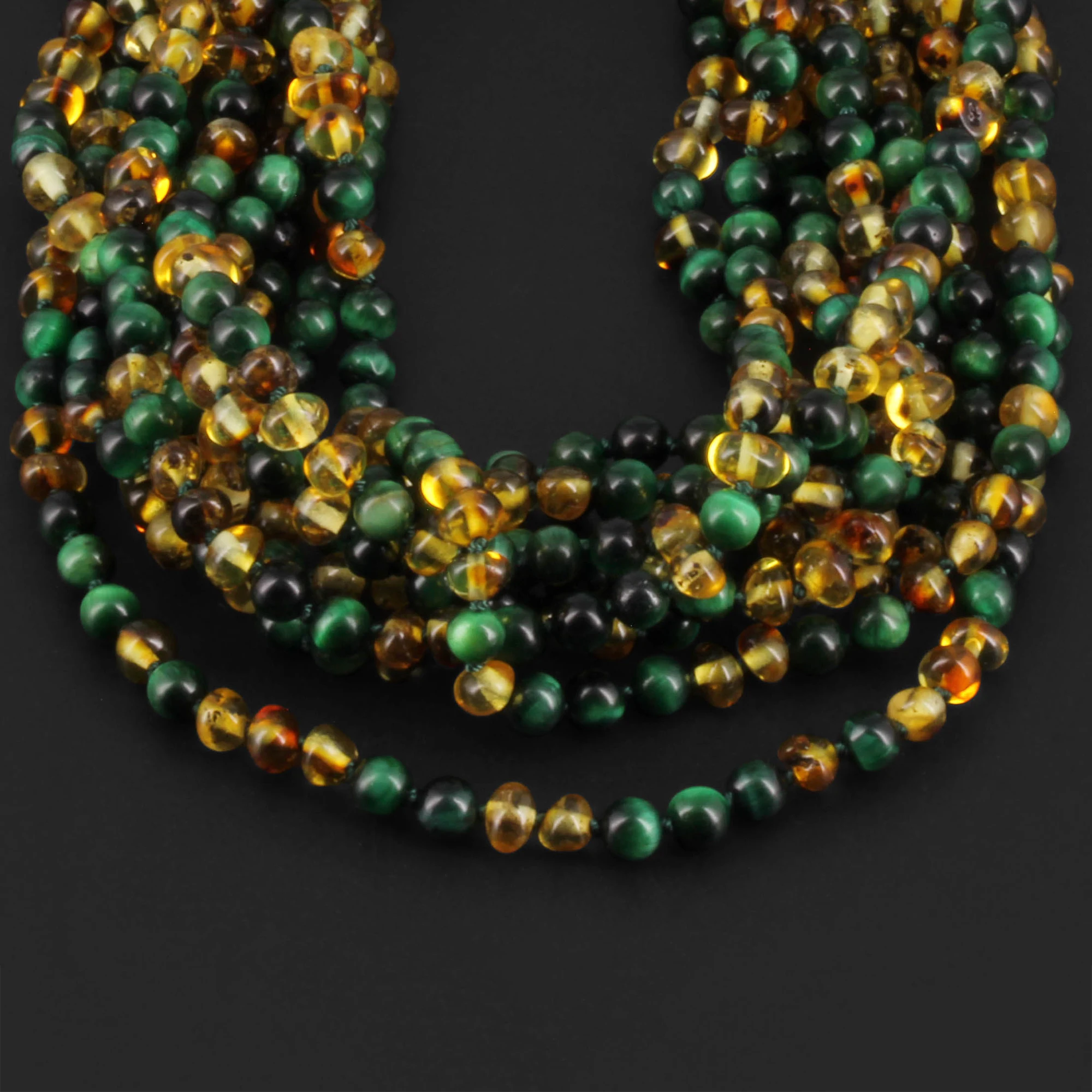 Baltic Amber & Green Tiger Eye Baby Teething Necklace Baroque Multicolor Glossy Finish - Wholesale Lot of 10pcs - 32cm / 12.6in - LE457 V2