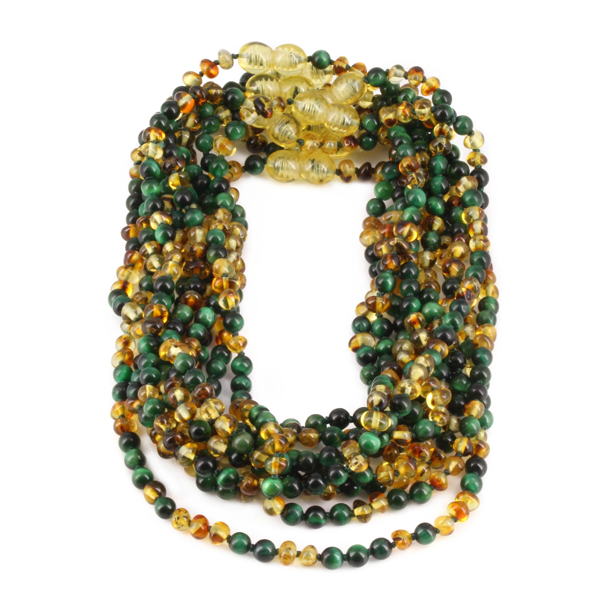 Baltic Amber & Green Tiger Eye Baby Teething Necklace Baroque Multicolor Glossy Finish - Wholesale Lot of 10pcs - 32cm / 12.6in - LE457 V2