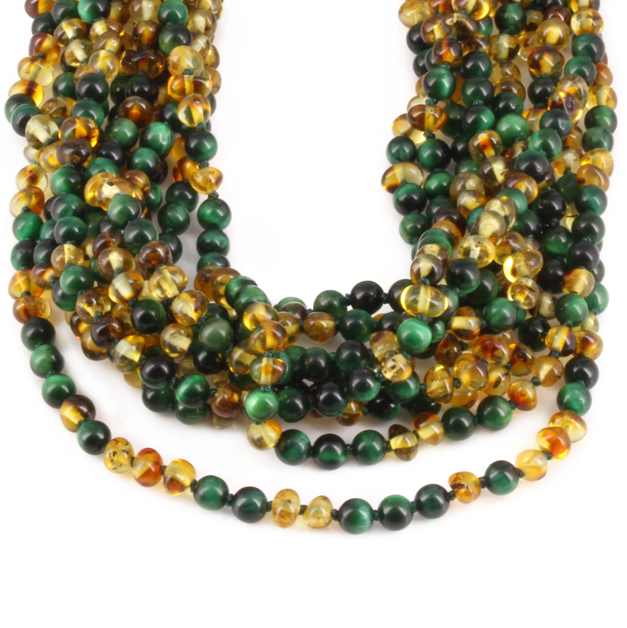 Baltic Amber & Green Tiger Eye Baby Teething Necklace Baroque Multicolor Glossy Finish - Wholesale Lot of 10pcs - 32cm / 12.6in - LE457 V2