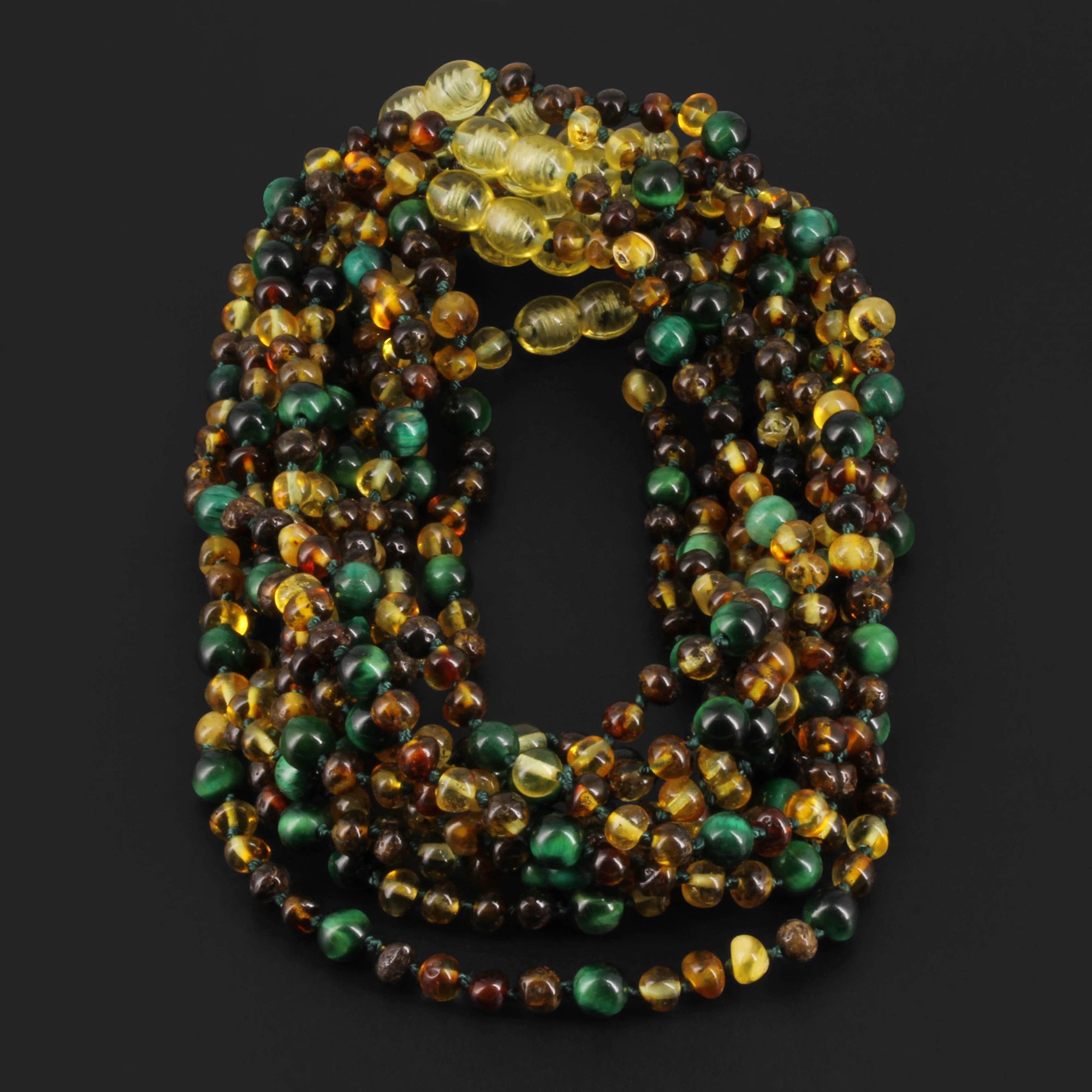Baltic Amber & Green Tiger Eye Baby Teething Necklace Baroque Multicolor Glossy Finish - Wholesale Lot of 10pcs - 32cm / 12.6in - LE457