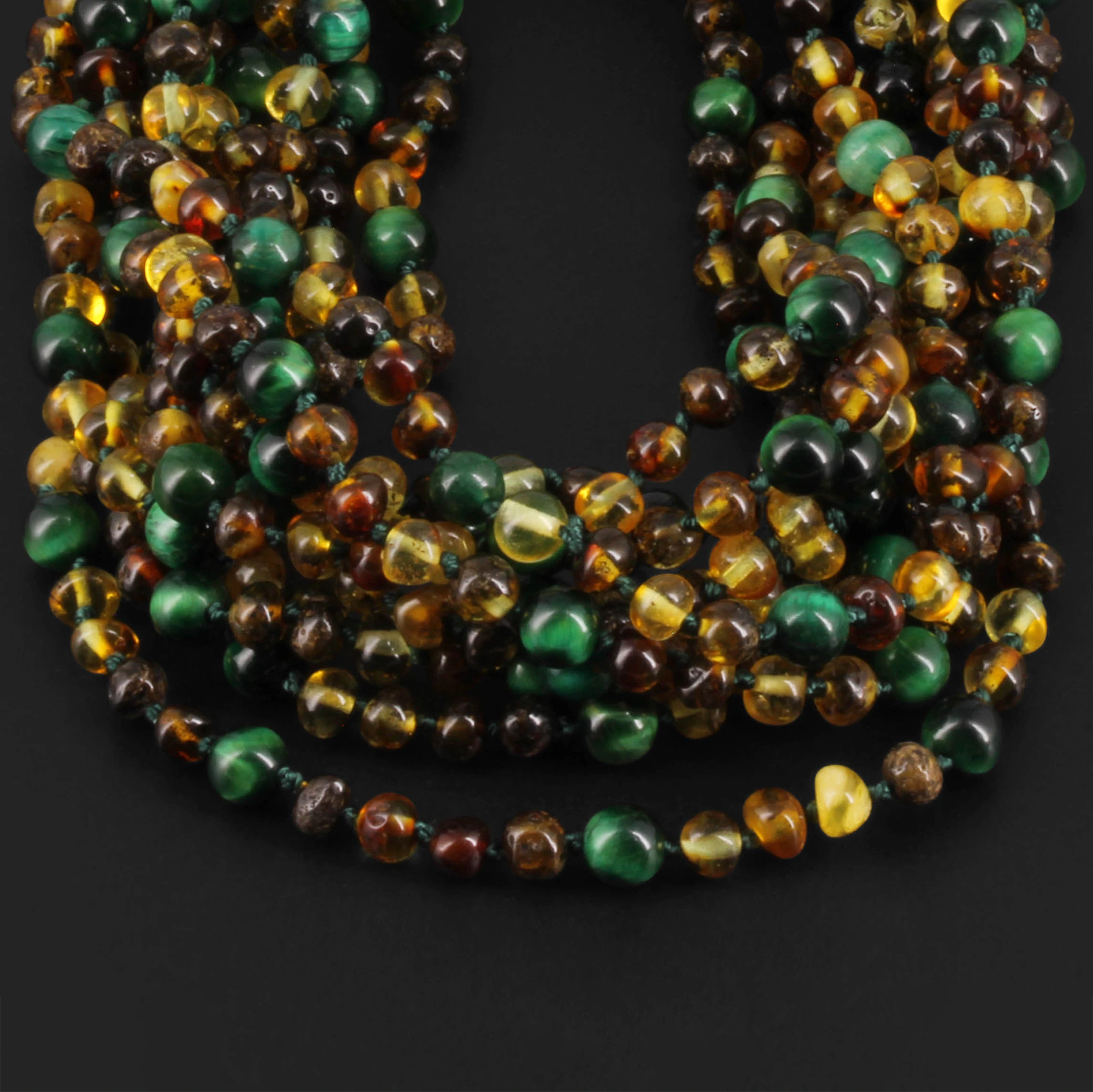 Baltic Amber & Green Tiger Eye Baby Teething Necklace Baroque Multicolor Glossy Finish - Wholesale Lot of 10pcs - 32cm / 12.6in - LE457